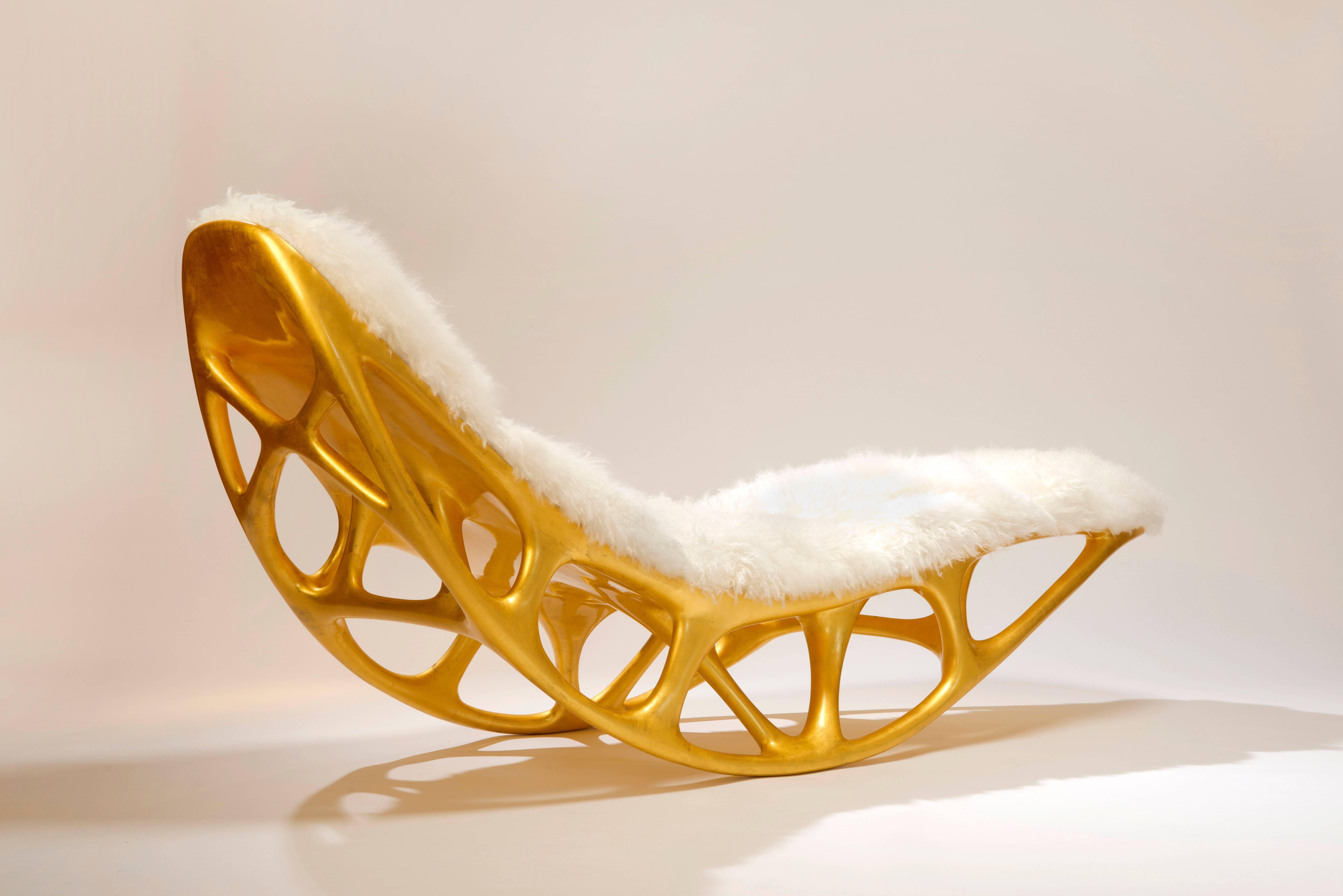 Gilt Morphogenesis Chaise in Gilded Fiberglass with Lamb Skin by Timothy Schreiber