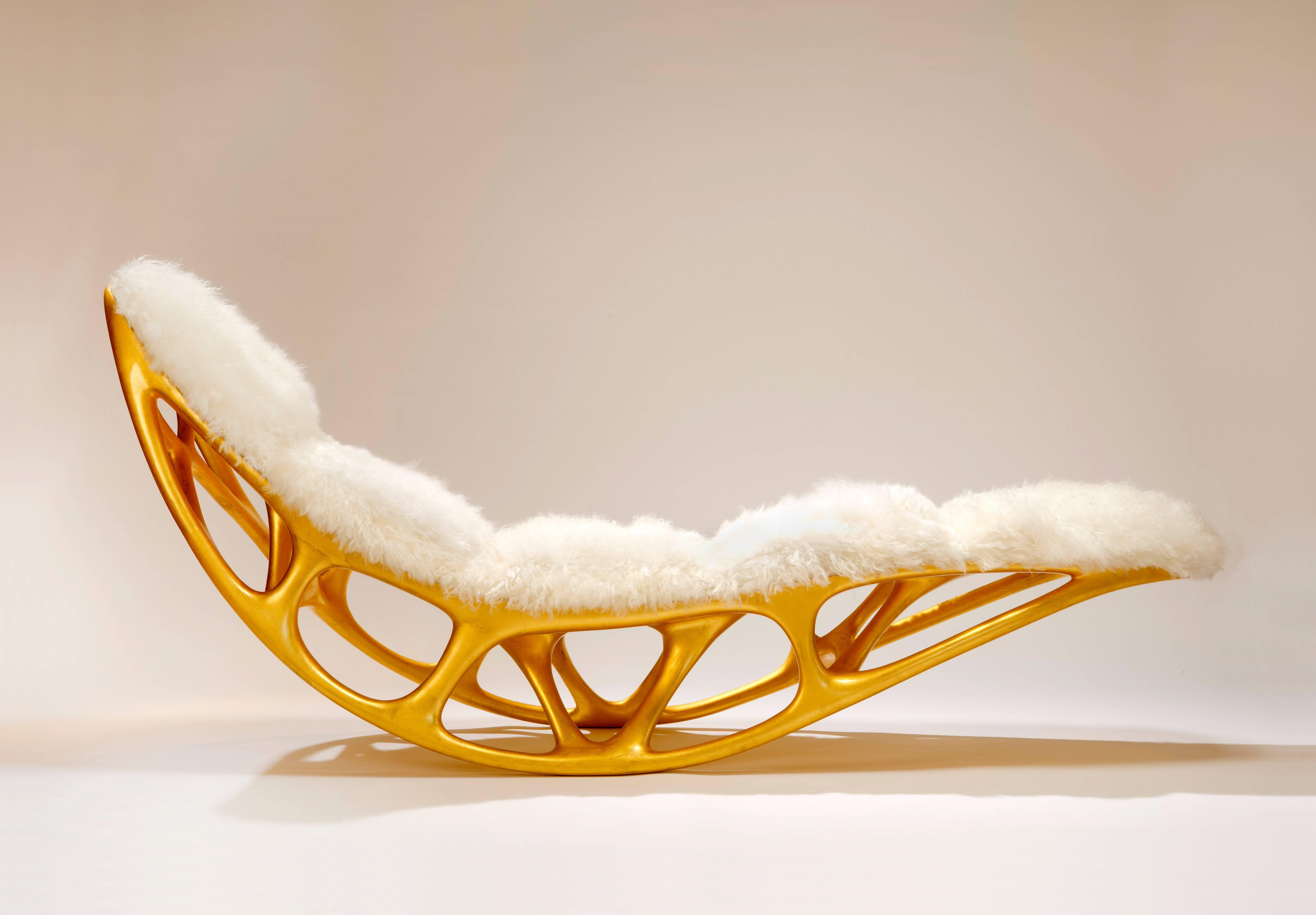 Morphogenesis Chaise in Gilded Fiberglass with Lamb Skin by Timothy Schreiber In New Condition In Philadelphia, PA