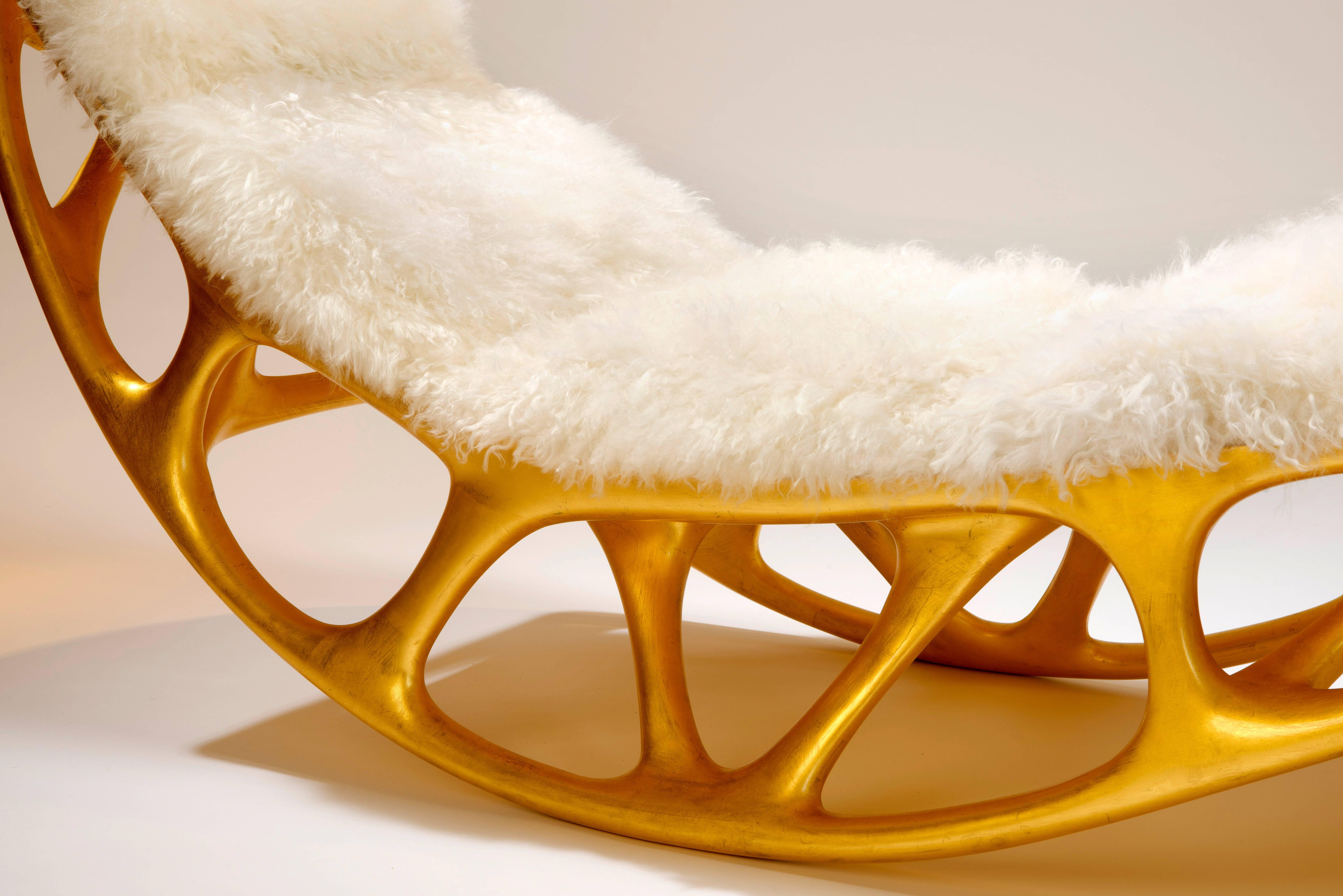 Contemporary Morphogenesis Chaise in Gilded Fiberglass with Lamb Skin by Timothy Schreiber
