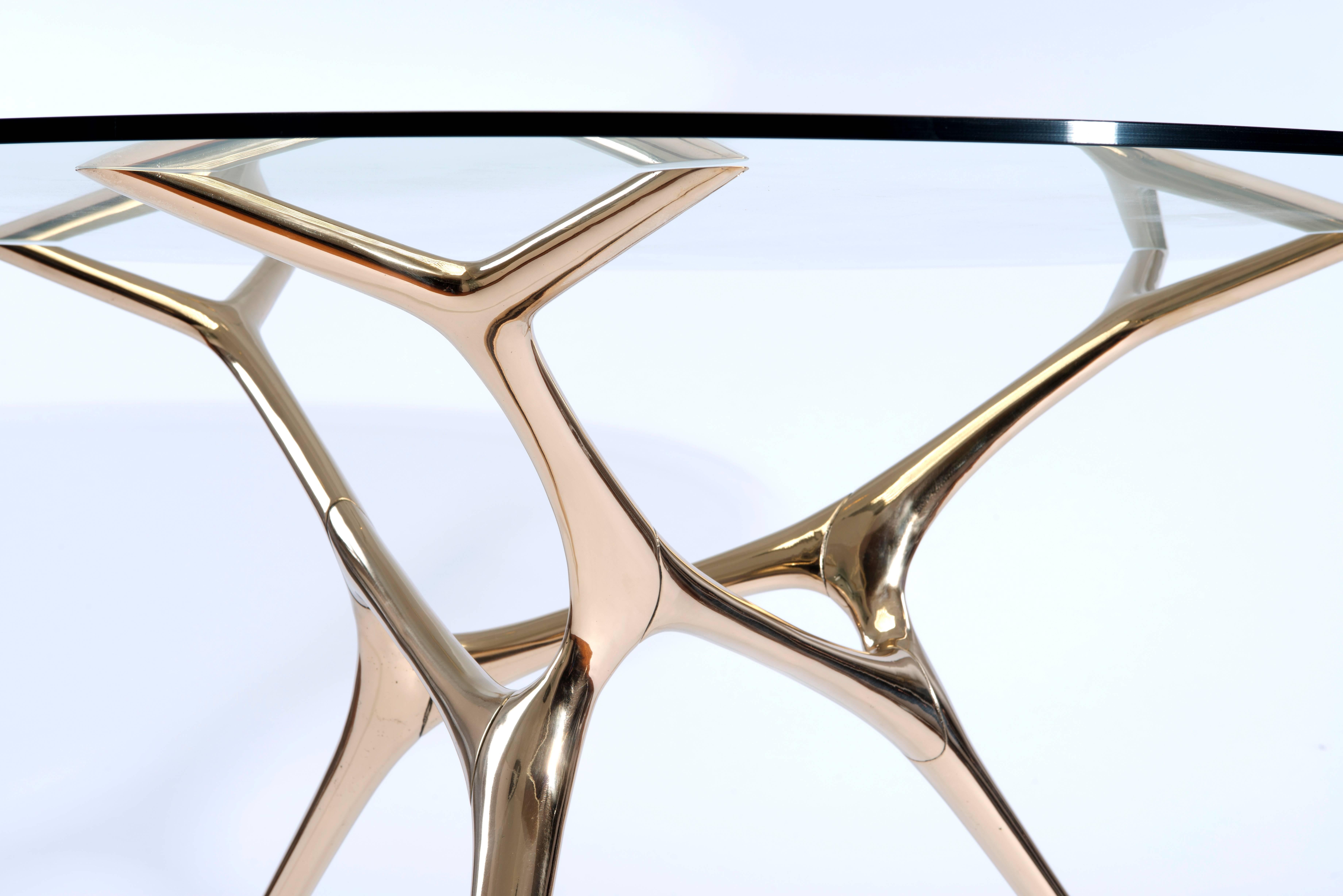 Contemporary E-Volved Table in Polished Bronze and Glass  In New Condition In Philadelphia, PA