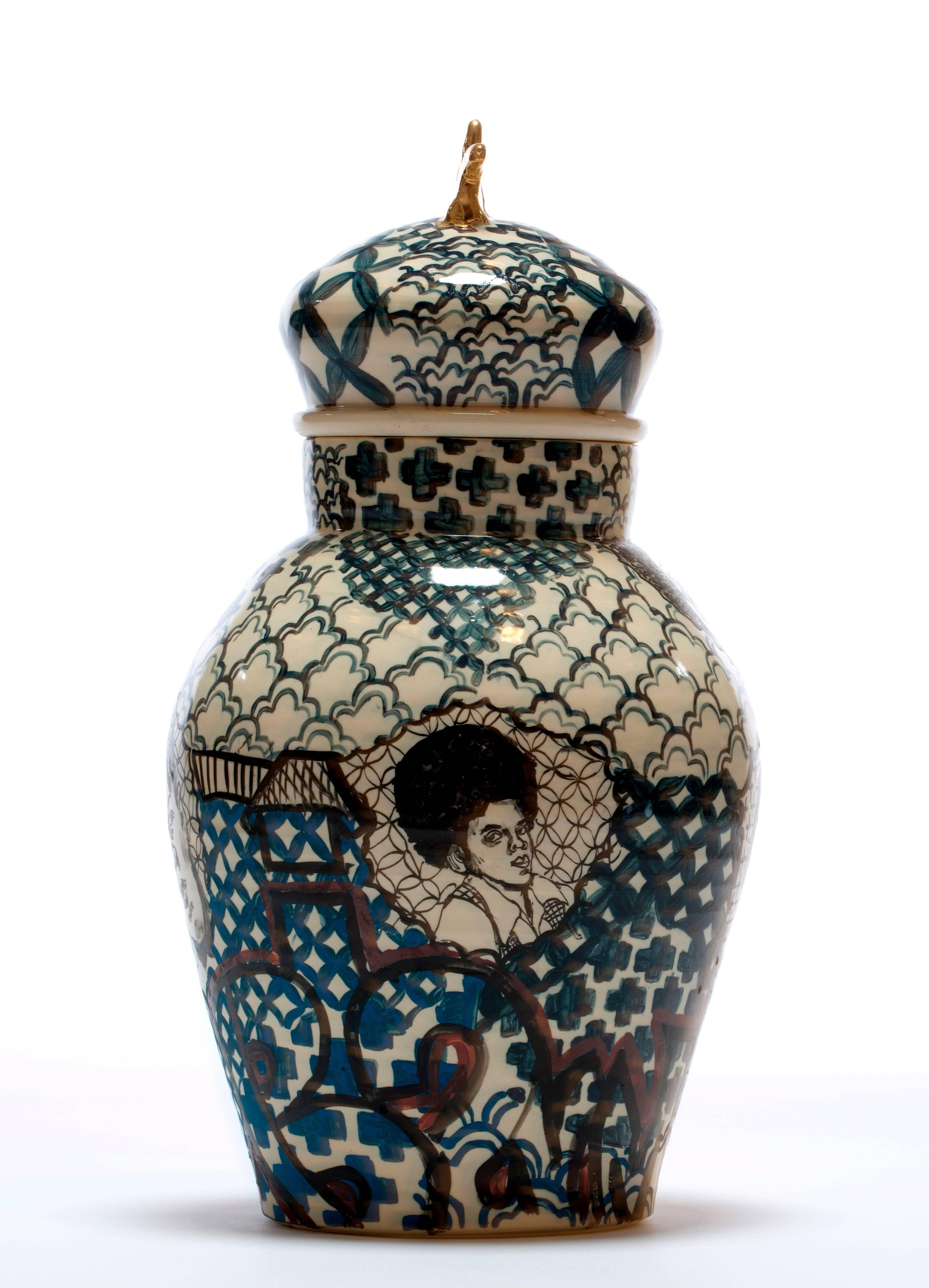Homeage to Them is made by Roberto Lugo out of porcelain, china paint and gold luster.

Best known for expertly thrown ceramic vessels that are illustrated with activists, political figures, and hip-hop legends, Lugo aims to reach diverse audiences