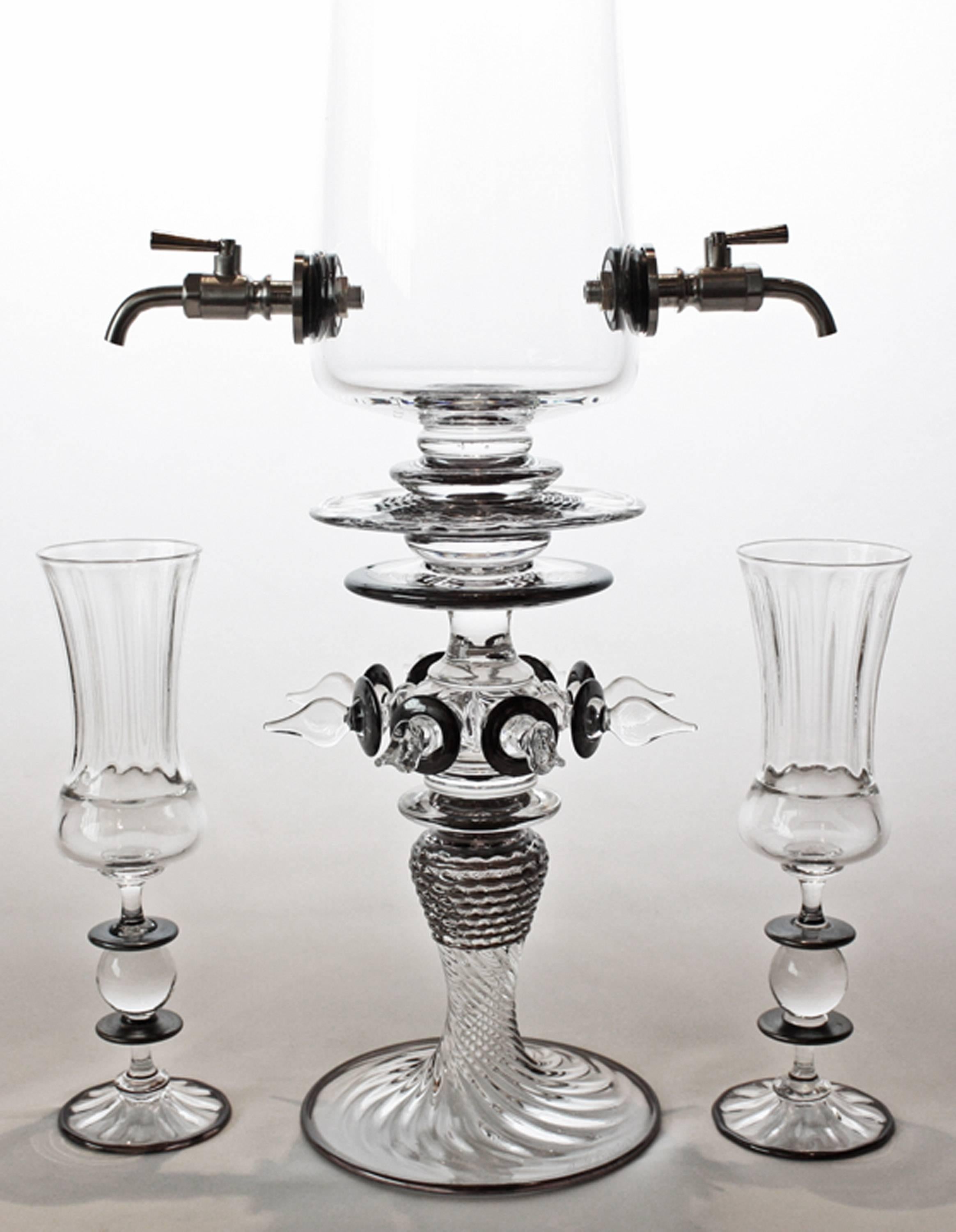 Contemporary Absinthe Fountain with Black Details and Two Spigots Glass Set In New Condition In Philadelphia, PA