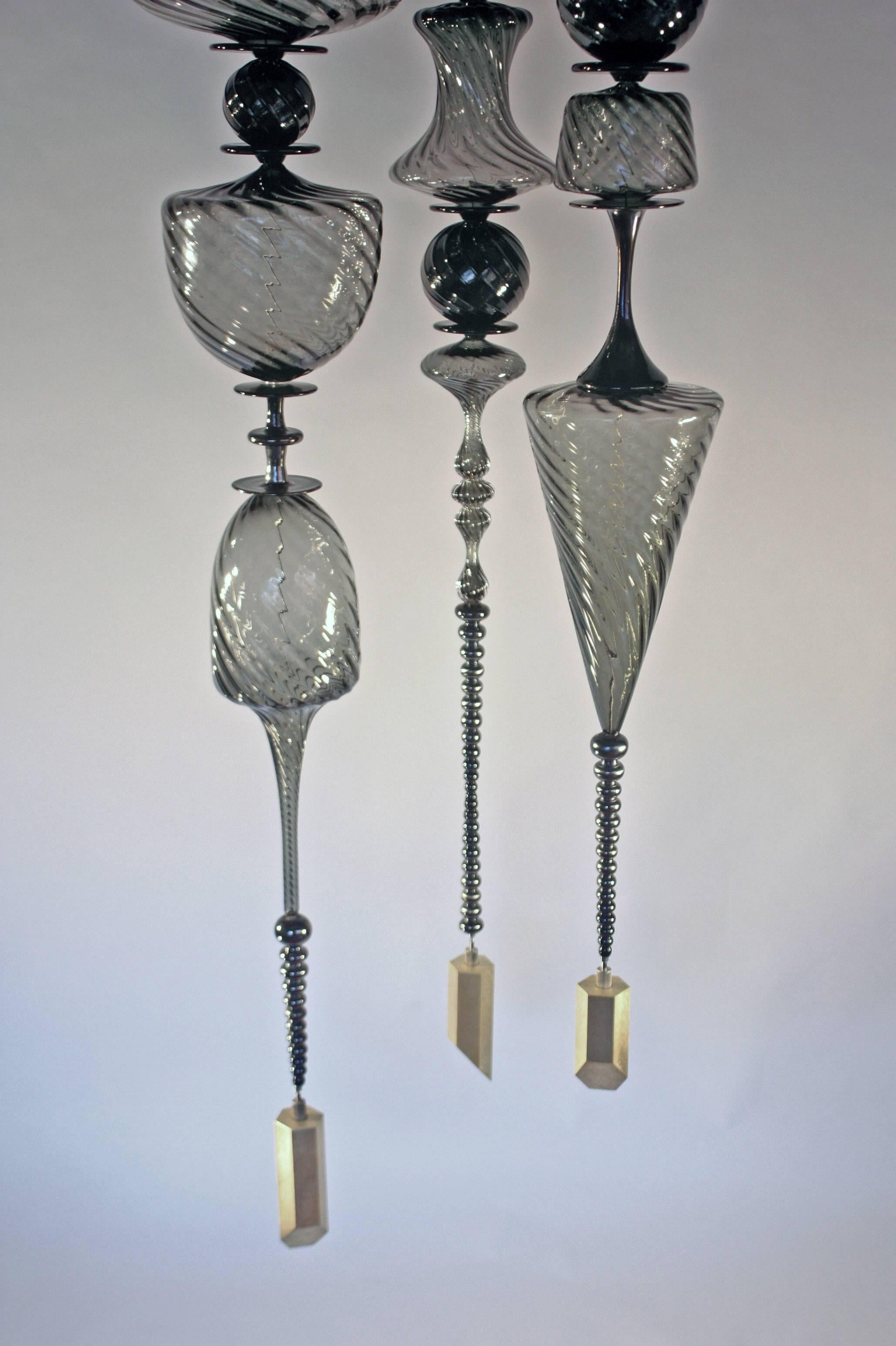 Brass Contemporary Smolder Pendant Hanging Glass Sculpture 