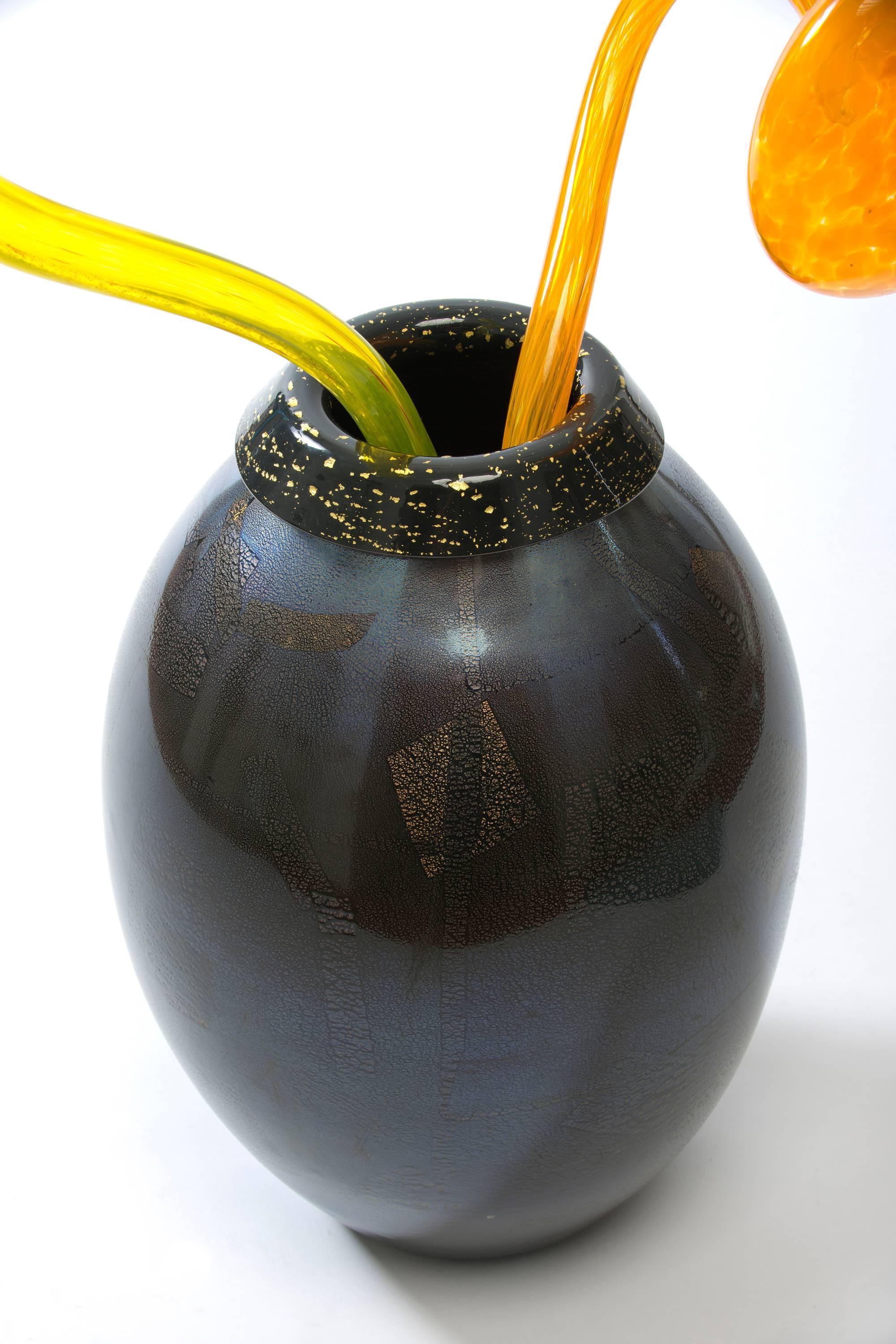 Late 20th Century 20th Century Black and Gold Ikebana with Two Stems Glass Sculpture