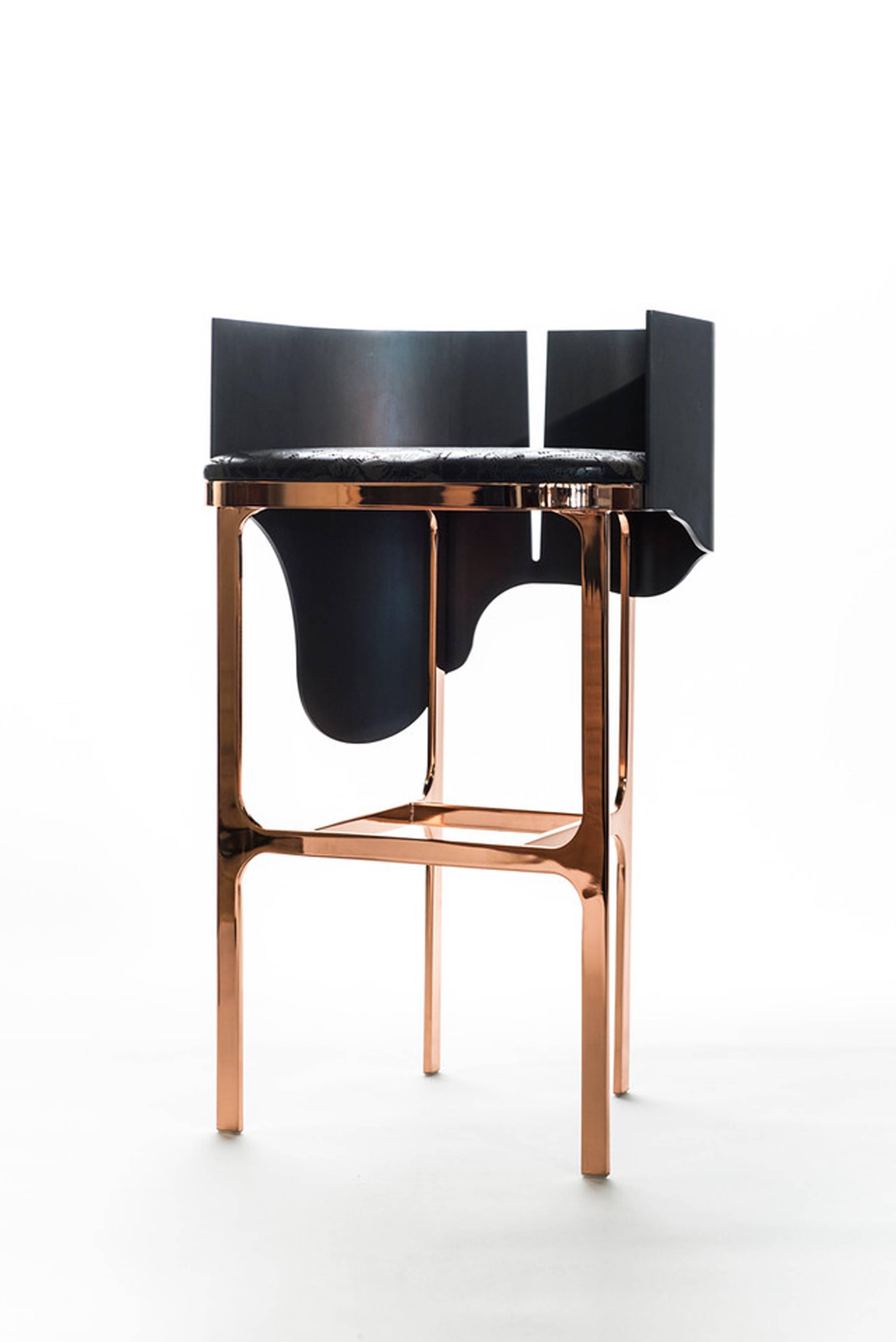 Gulla Jónsdóttir
Lava Barstool, 2015
Polished rose gold finish on steel, oil rubbed bronze finish on steel, perforated leather
18.5 x 16 x 32 in
Edition of 25

Gulla Jónsdóttir created Lava Bar Stool using polished rose gold finish on steel, oil
