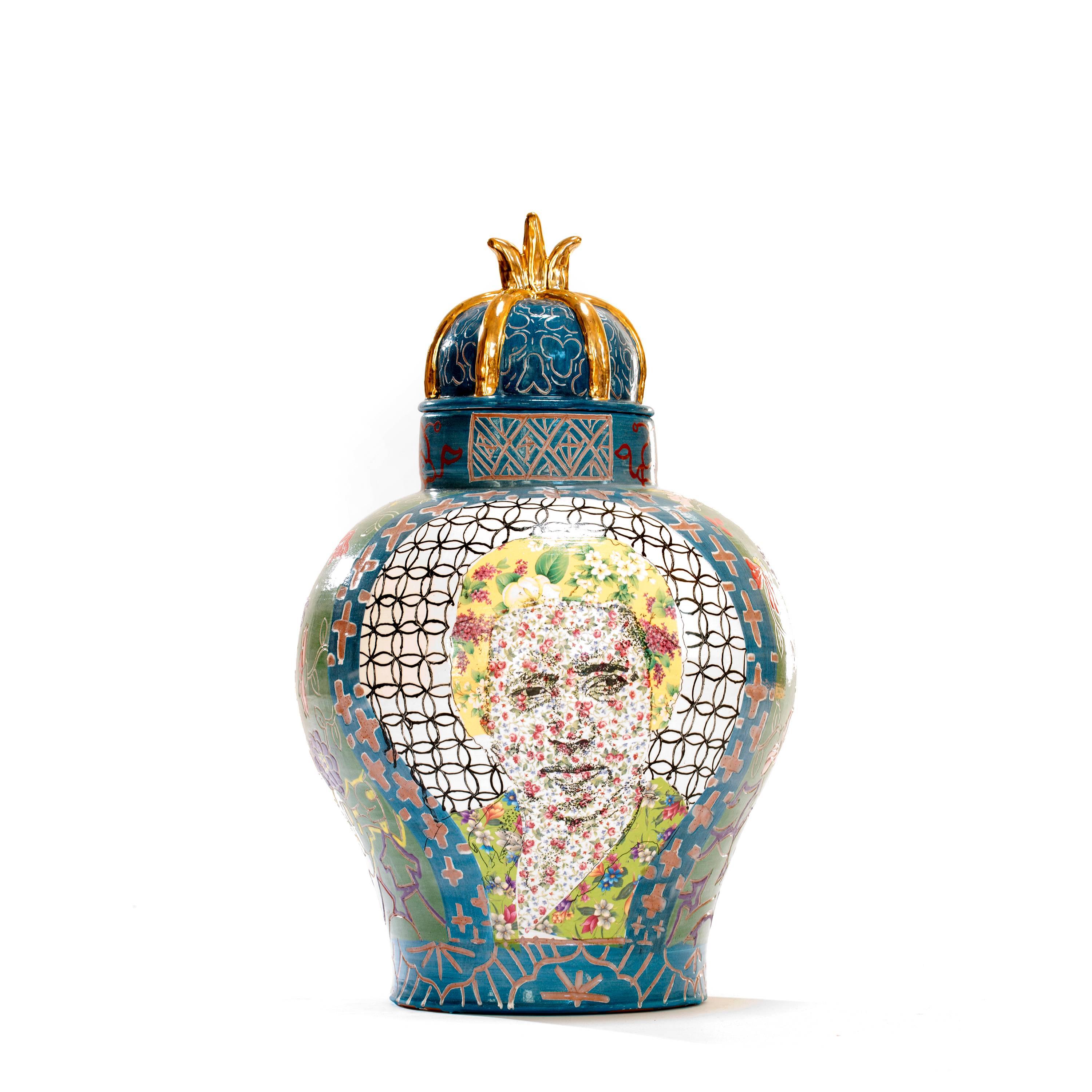 Frederick Douglass / Arthur Ashe urn is made by Roberto Lugo out of porcelain, china paint and gold luster.

Best known for expertly thrown ceramic vessels that are illustrated with activists, political figures, and hip-hop legends, Lugo aims to