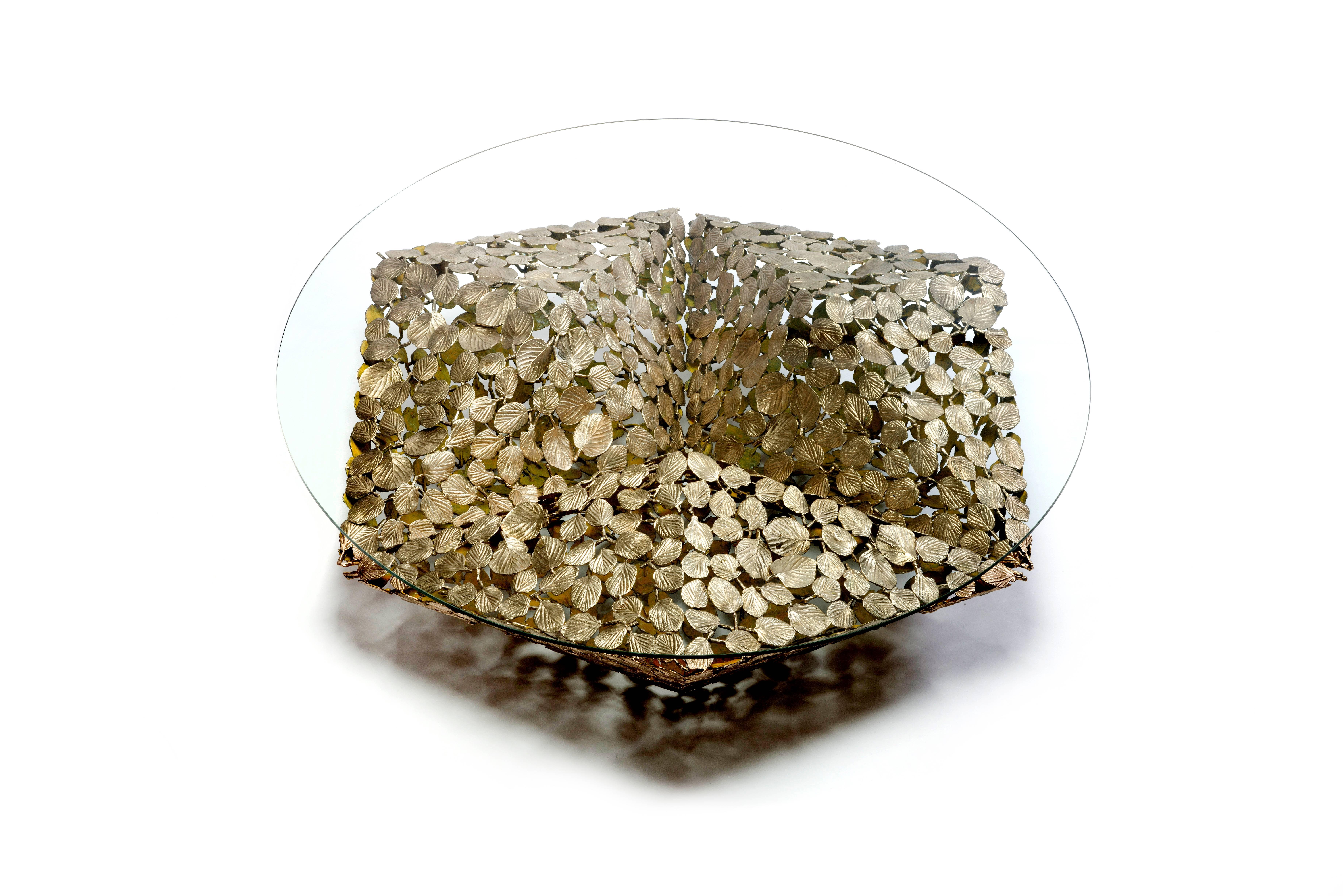 Contemporary Stellated Spherical Spring Coffee Table Cast Silicon Bronze & Glass In New Condition In Philadelphia, PA