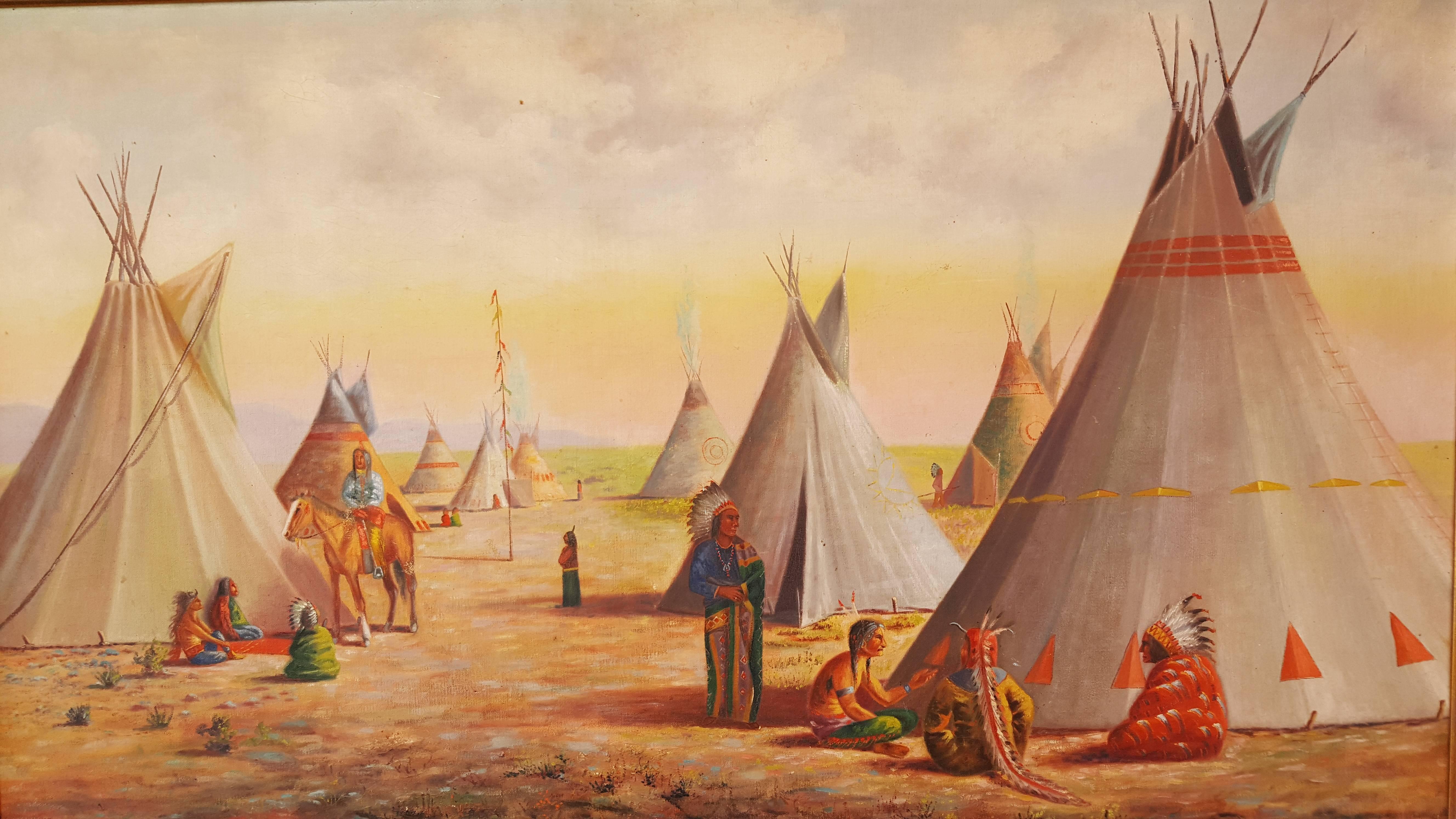 Impressive oil painting of a Native American village with multiple Teepees and figures. Monumental size measures approximately 5 x 3 feet. Original frame. Painted on wood panel. Unsigned, unknown artist.