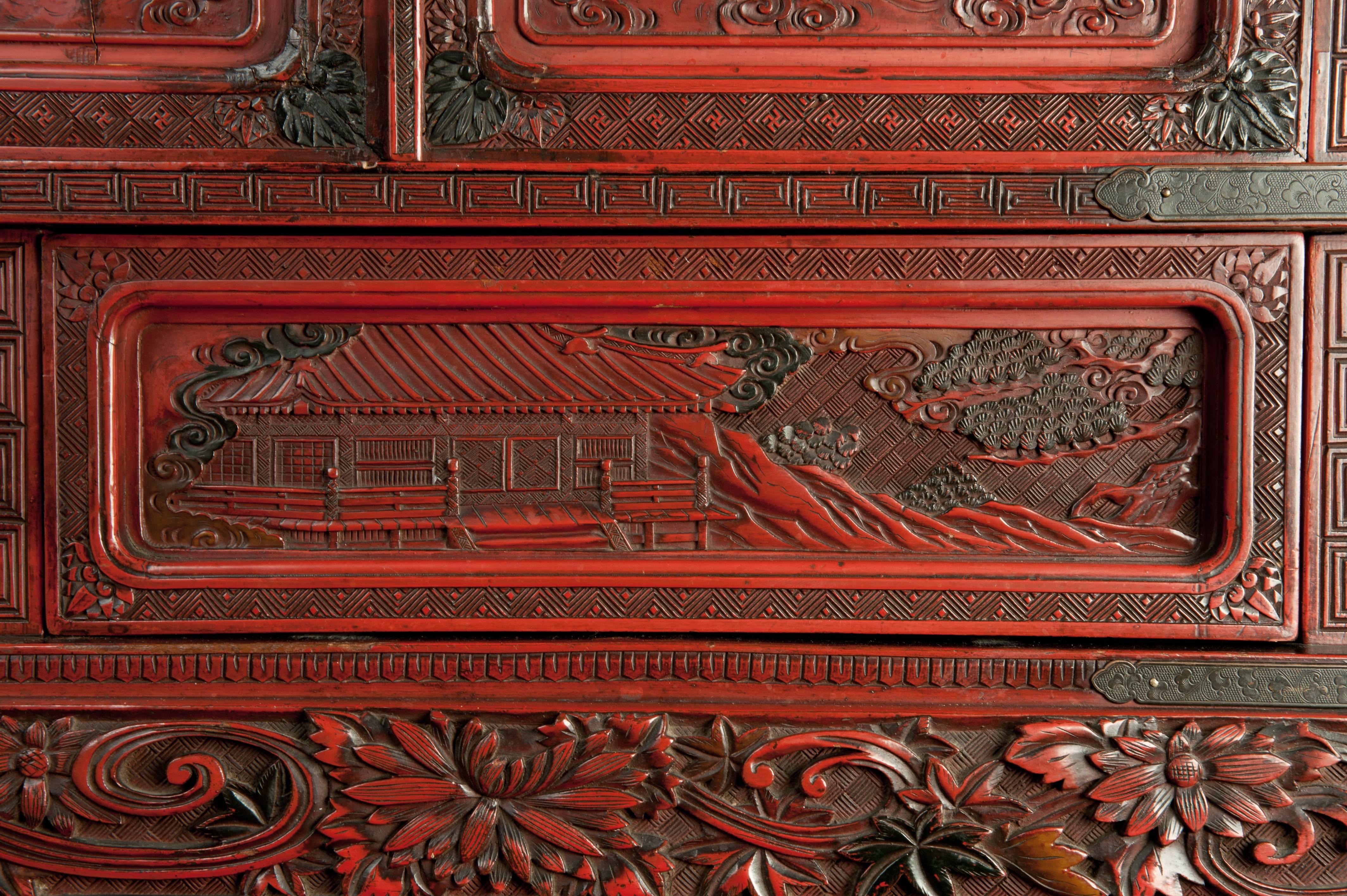 Japanese Grand Scale 19th Century Cinnabar Cabinet For Sale