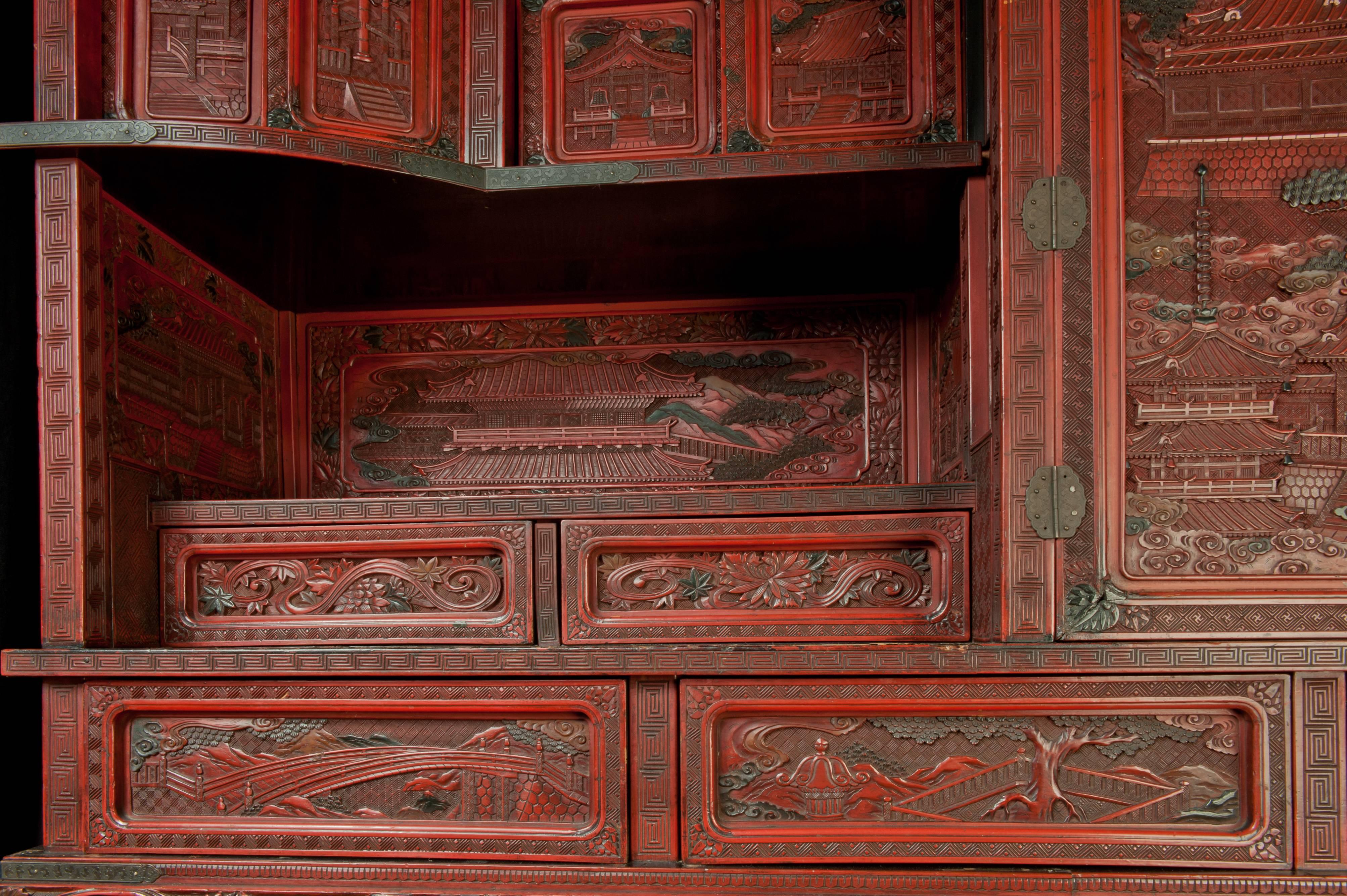 Grand Scale 19th Century Cinnabar Cabinet For Sale 1