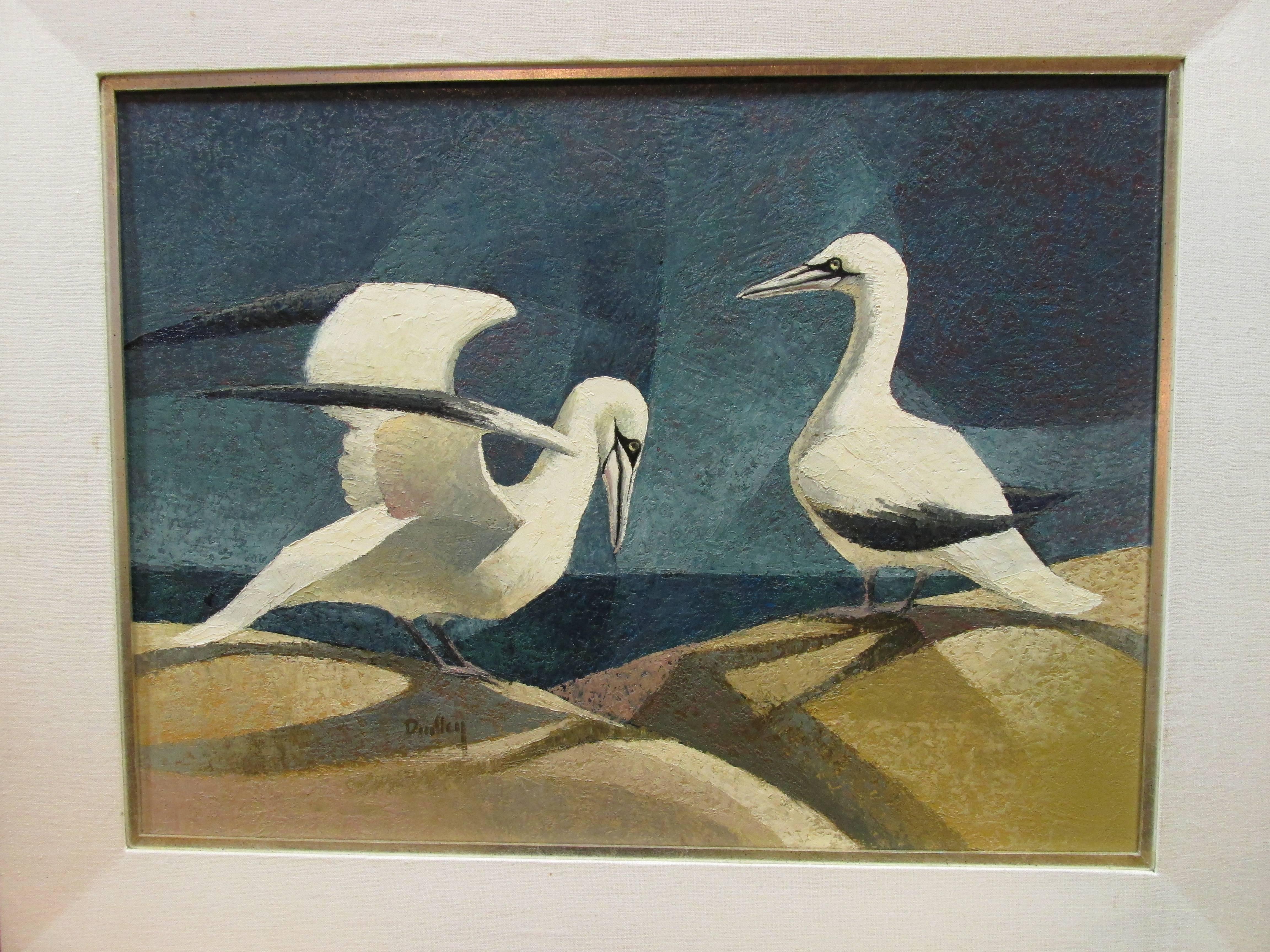 Cubism painting depicting two birds, seagulls, by California Artist Jack Dudley, (1918-1996). Signed lower left. Oil on reverse Masonite. Retains original frame. With frame measures 25.25
