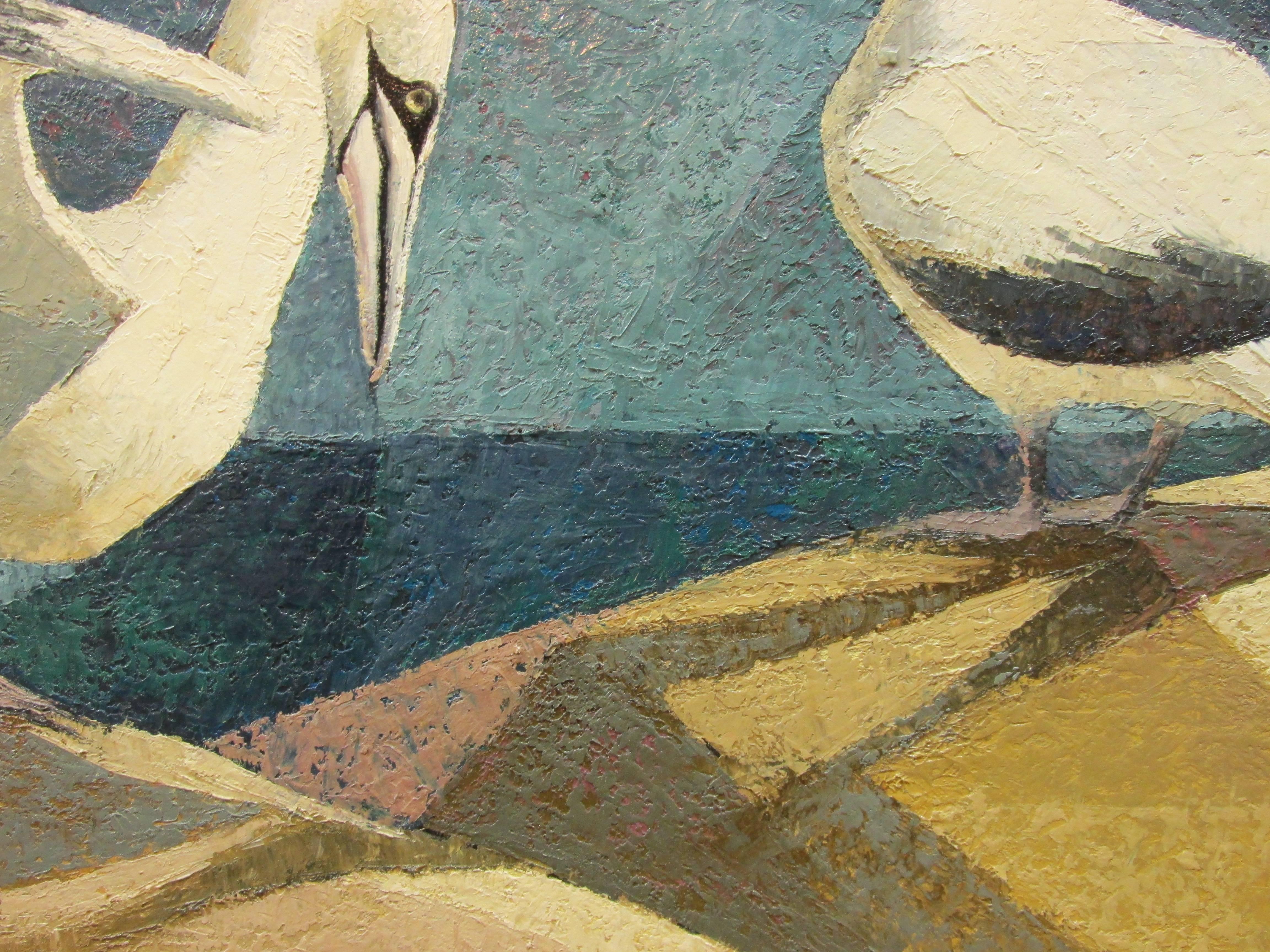 Mid-Century Modern Cubist Painting by Jack Dudley, Two Seagulls