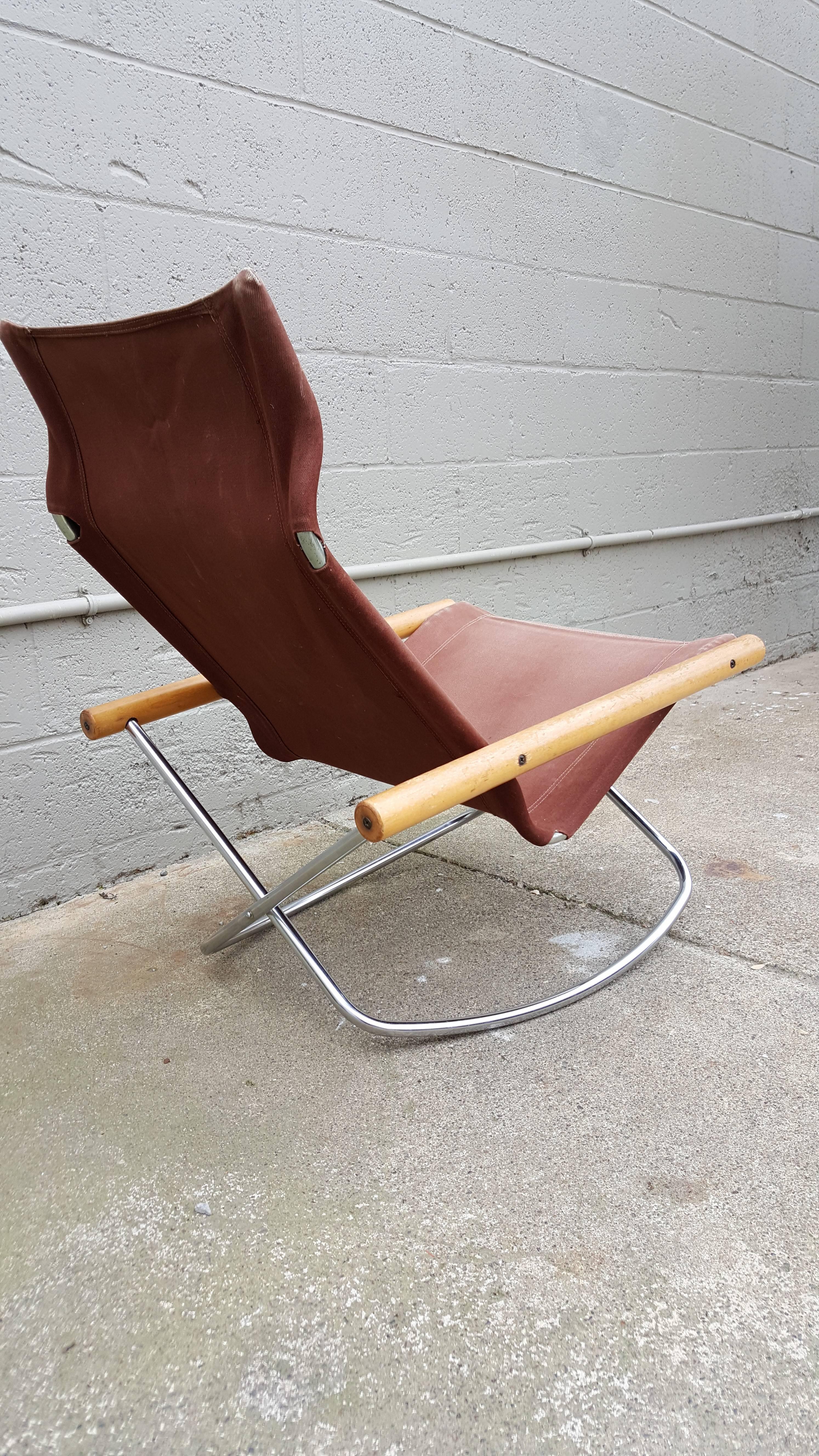 Mid-Century Modern Folding Sling Seat Rocking Lounge Chair by Takeshi Nii