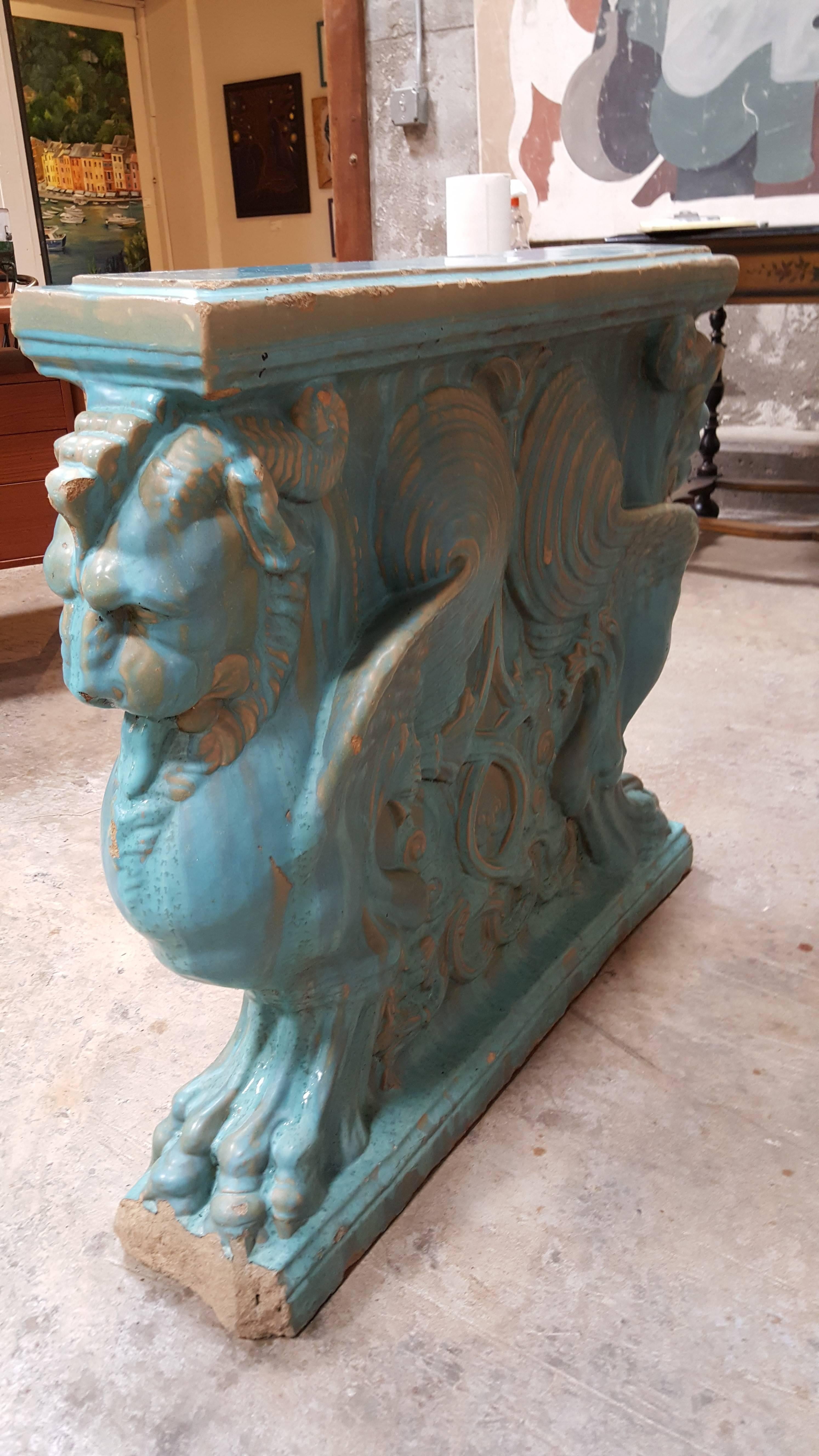 Glazed Winged Lion Pedestal by Gladding, McBean Pottery
