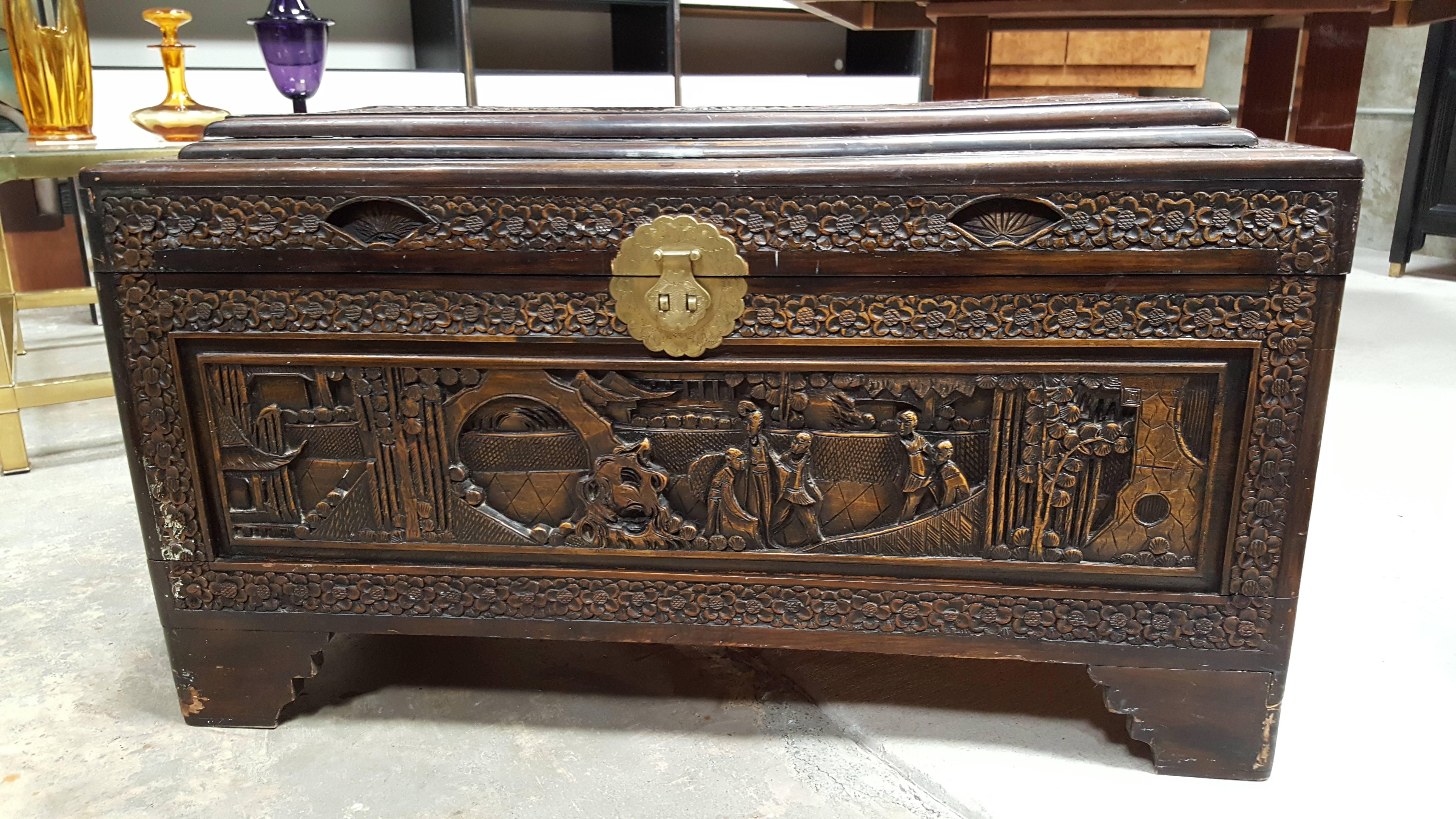 20th Century High Relief Carved Chinese Trunk