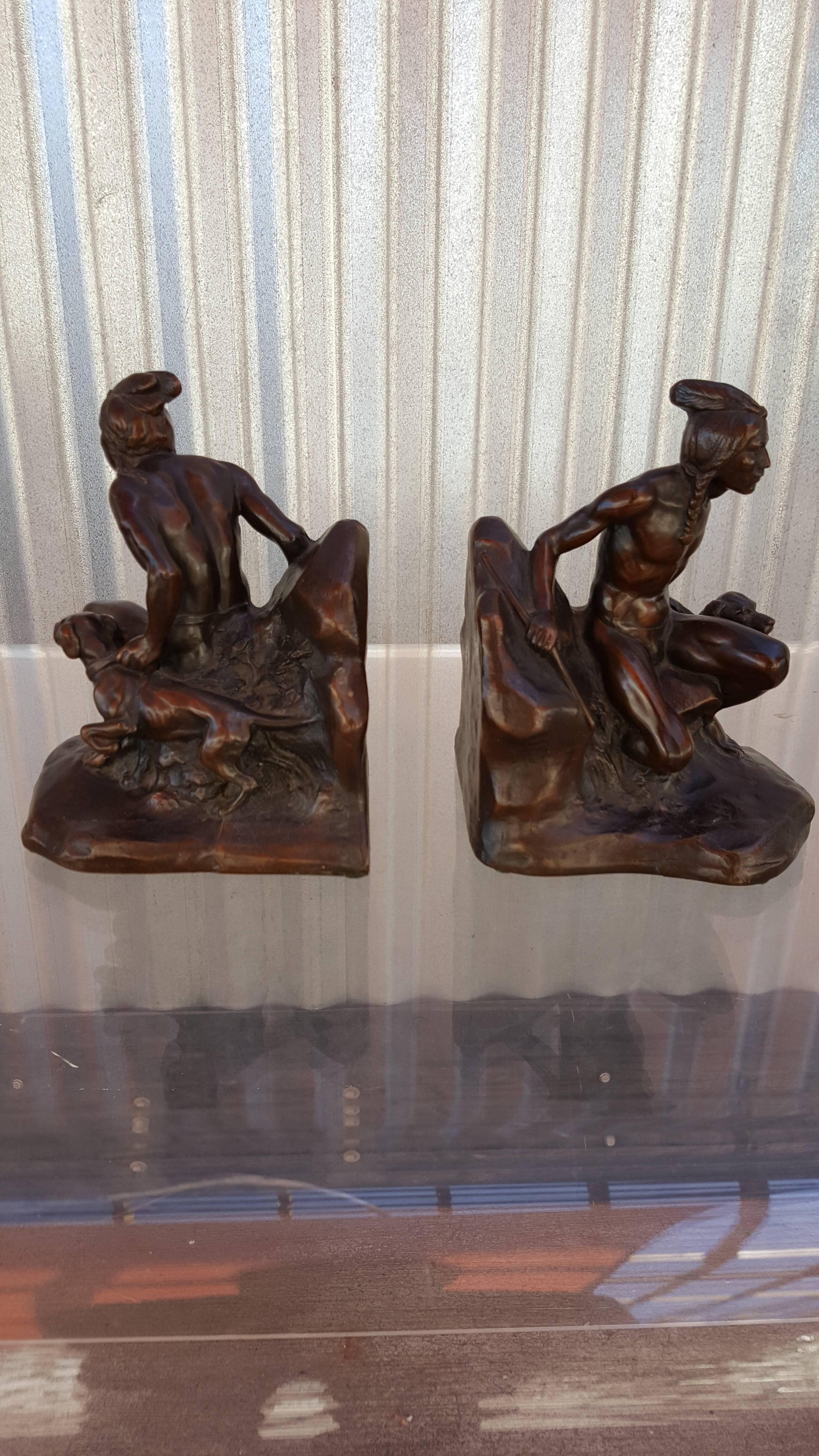 1930s Figural Bronzed Bookends of American Indian Brave 3