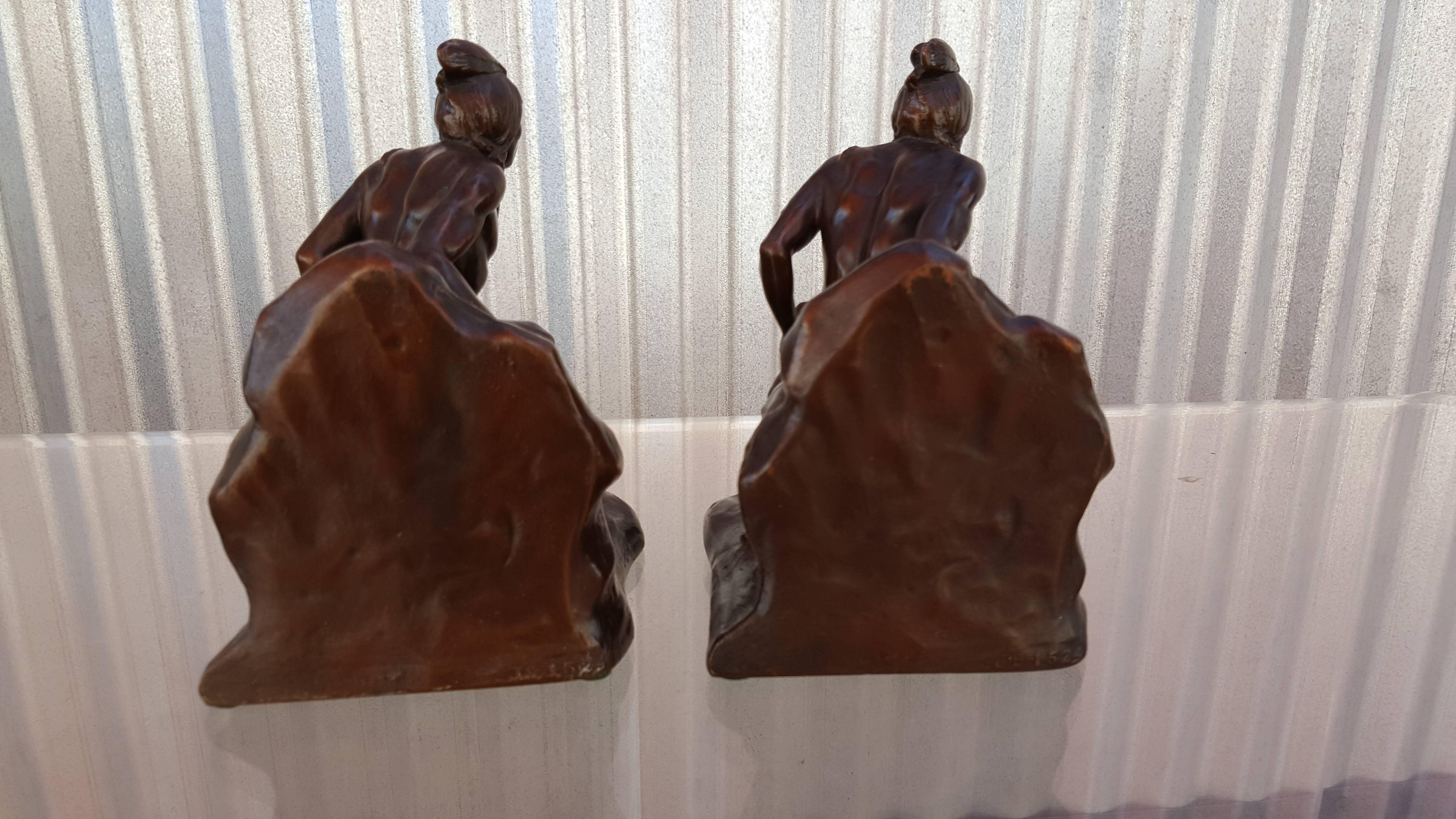 Mid-20th Century 1930s Figural Bronzed Bookends of American Indian Brave