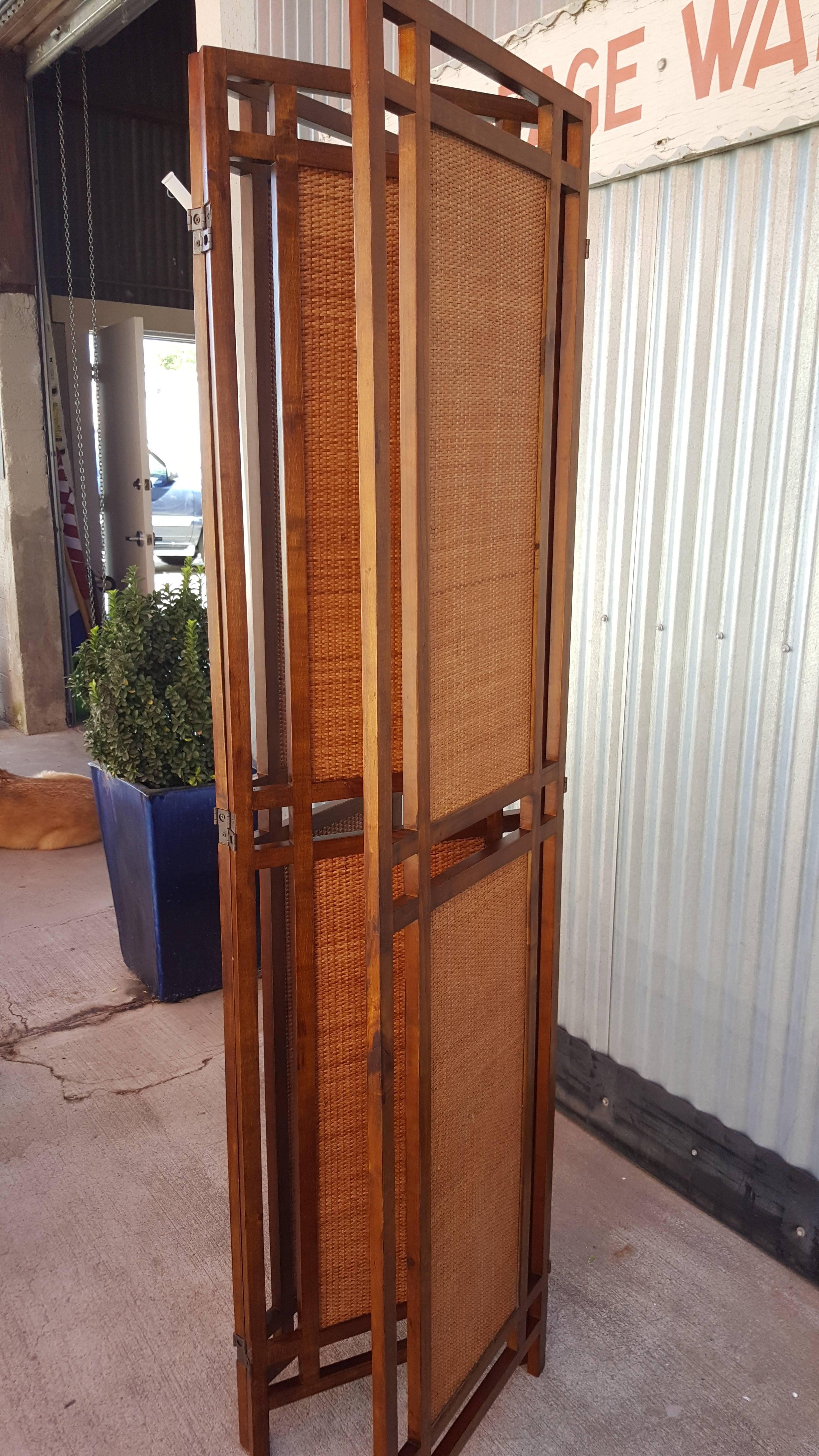 Mid-Century Modern Rattan and Wood Room Divider / Screen