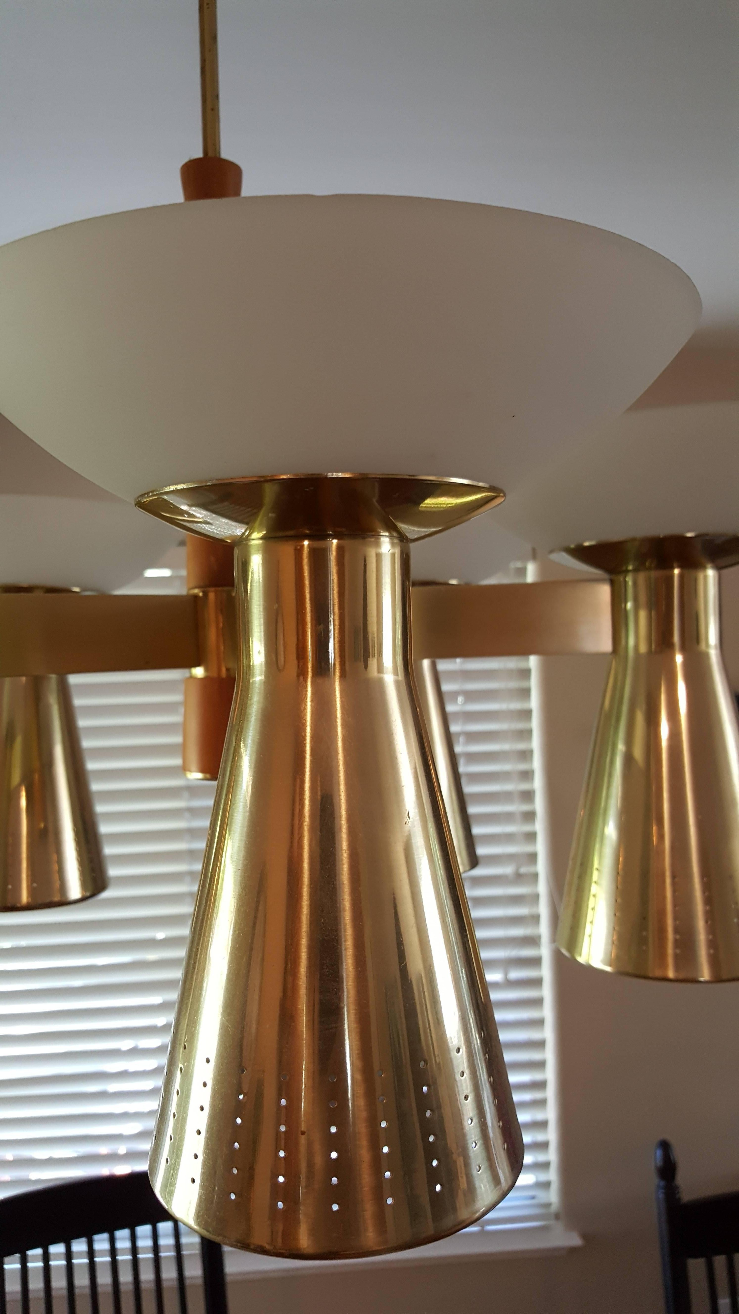 Danish Mid-Century Modern Conical Brass and Glass Chandelier For Sale