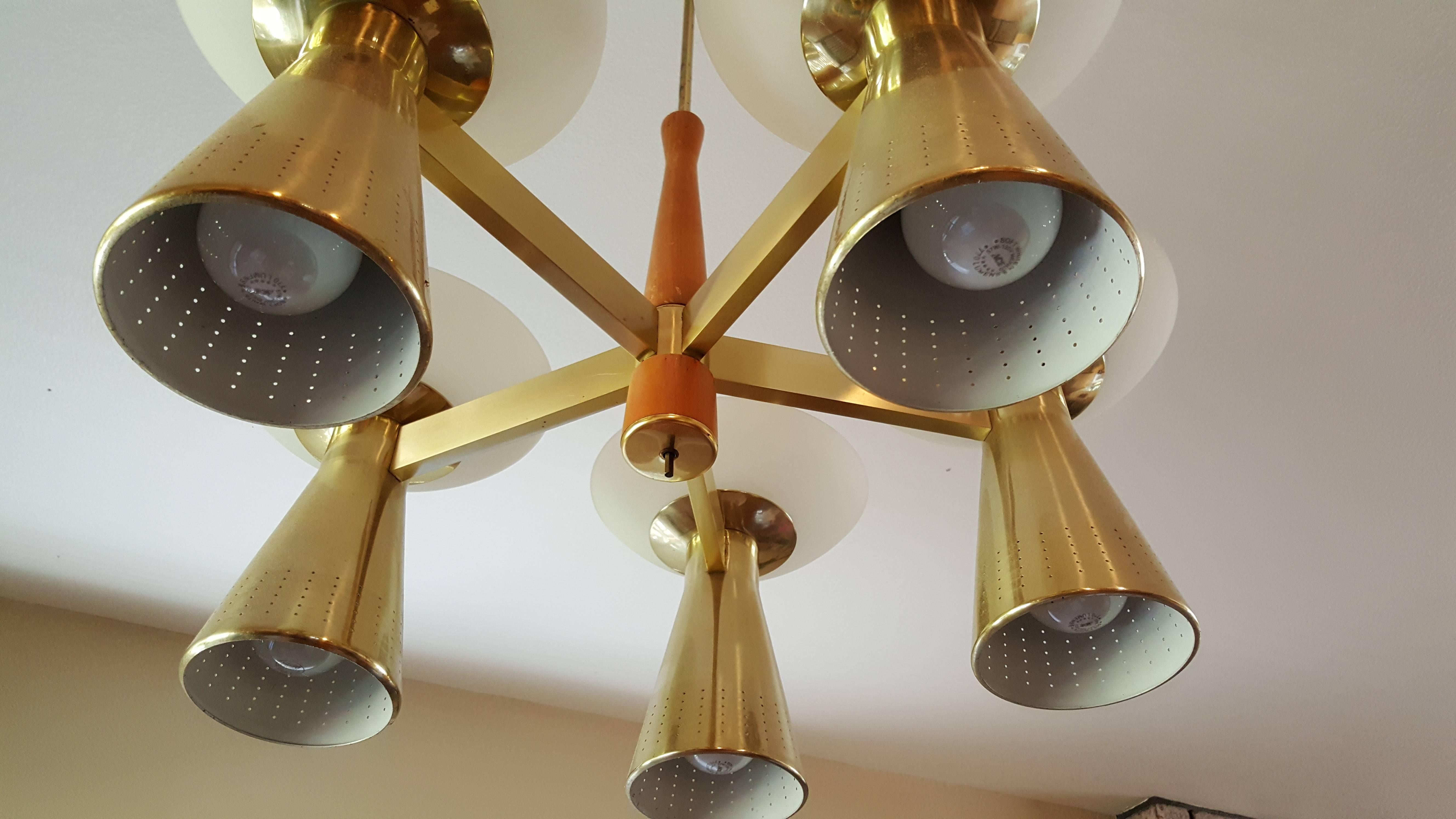 Mid-20th Century Mid-Century Modern Conical Brass and Glass Chandelier For Sale