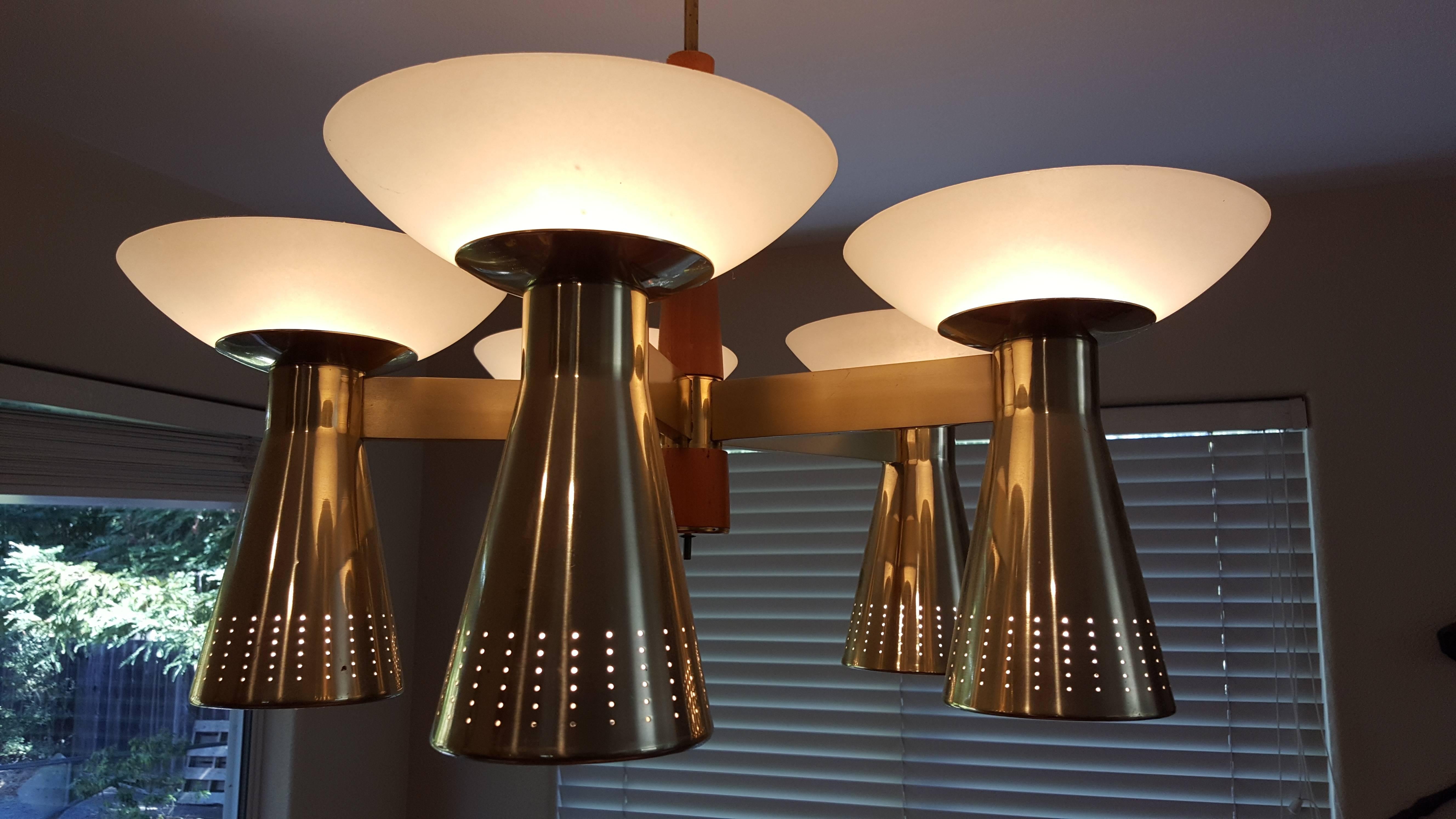 Mid-Century Modern Conical Brass and Glass Chandelier For Sale 1