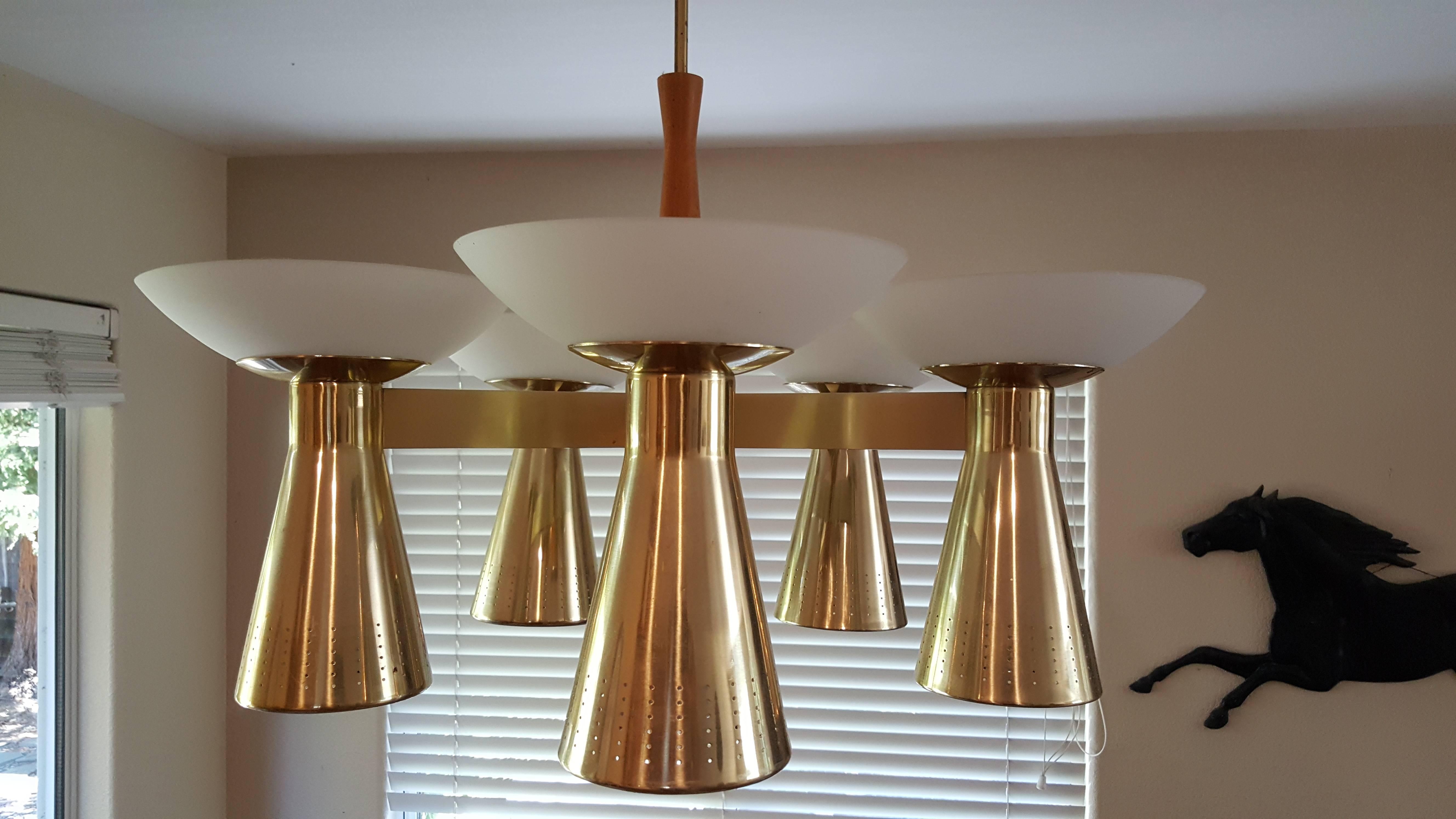 Mid-Century Modern Conical Brass and Glass Chandelier For Sale 3