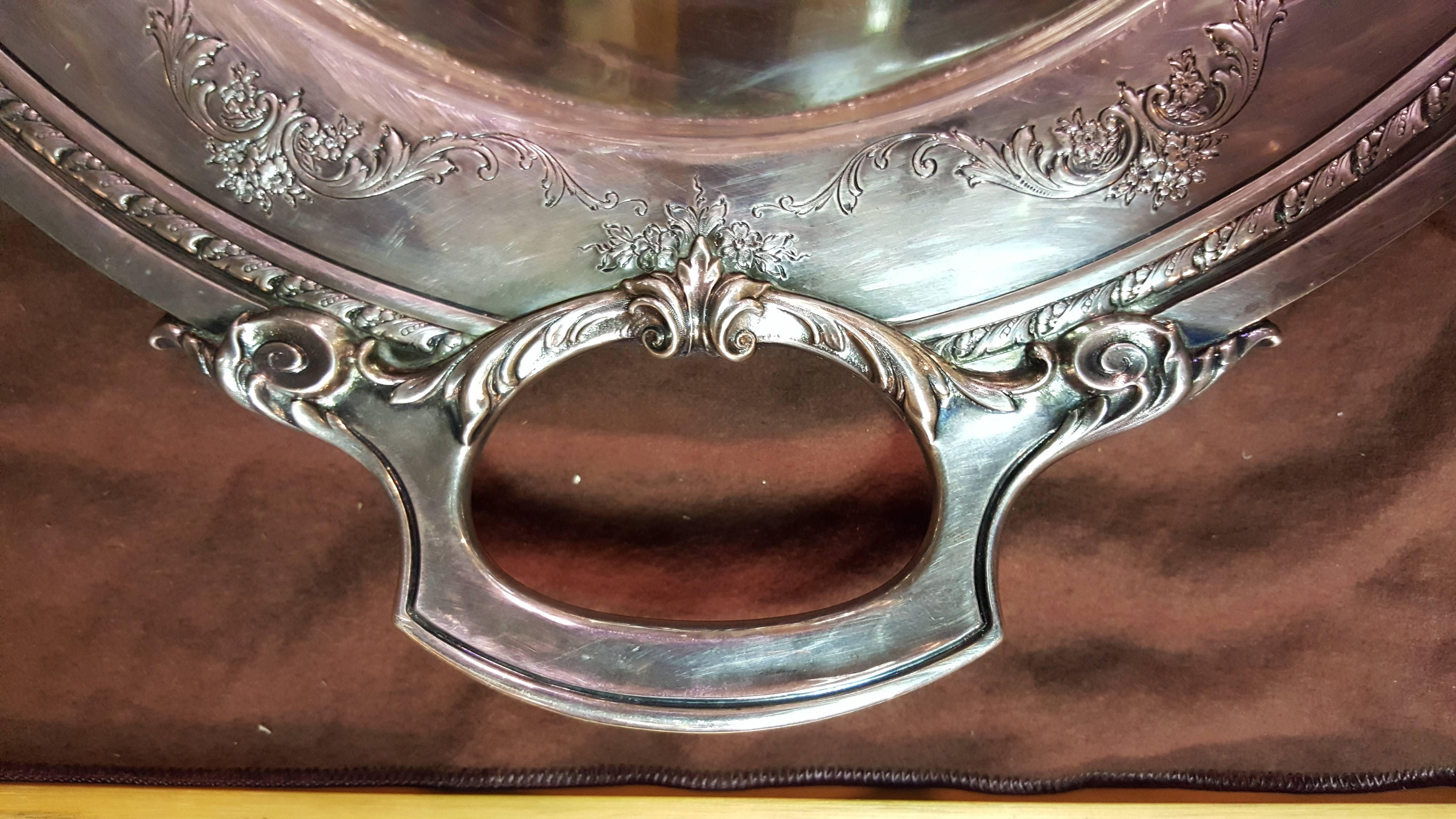 Towle silversmiths "Virginia Lee" six piece sterling silver tea set including handled tray. All pieces marked sterling. Substantial tray measures 28.5" W 19" H. Coffee 10" H, Teapot 7.5" H.