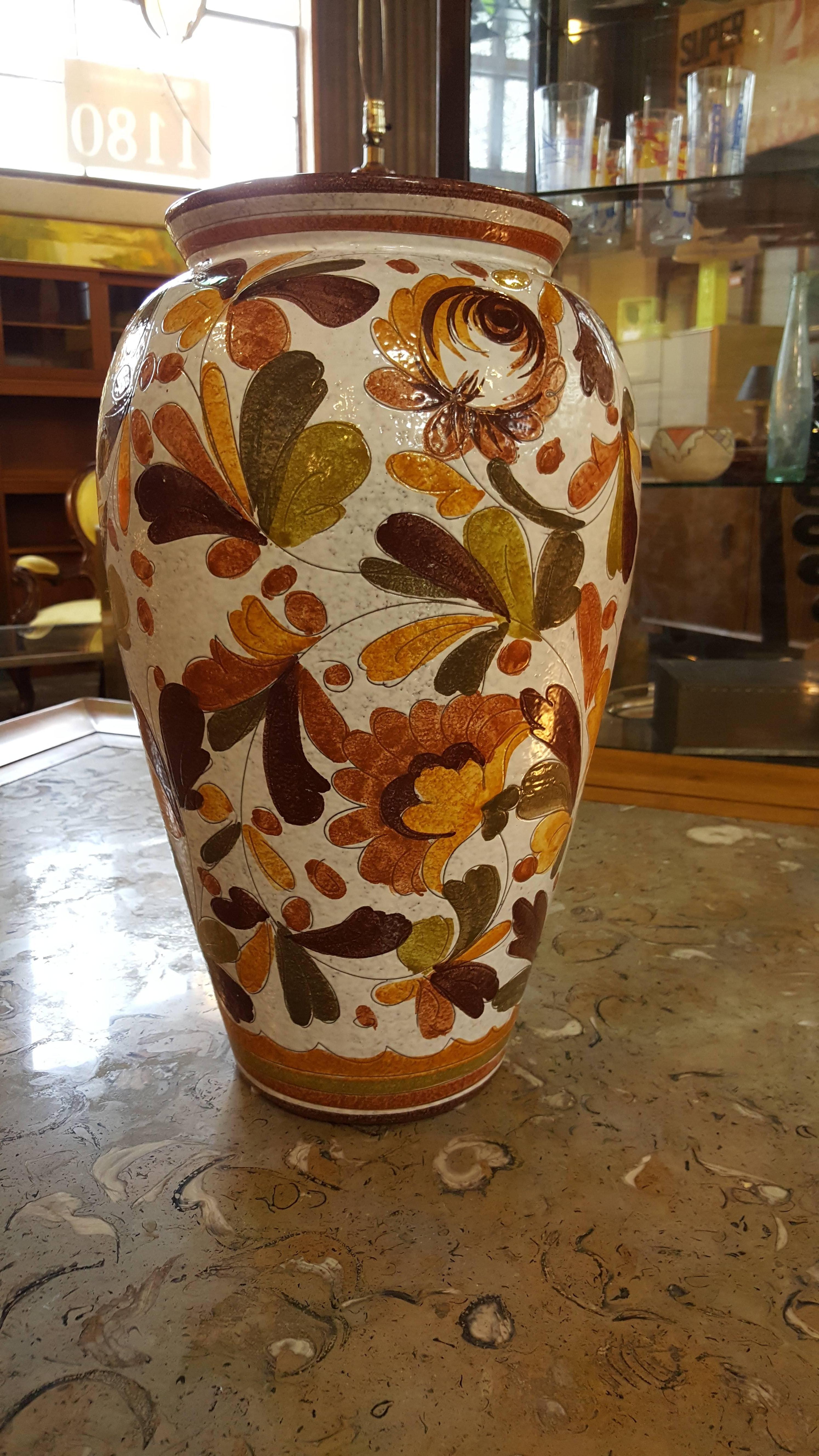 Mid-Century Modern Large Hand-Painted Italian Ceramic Vase For Sale
