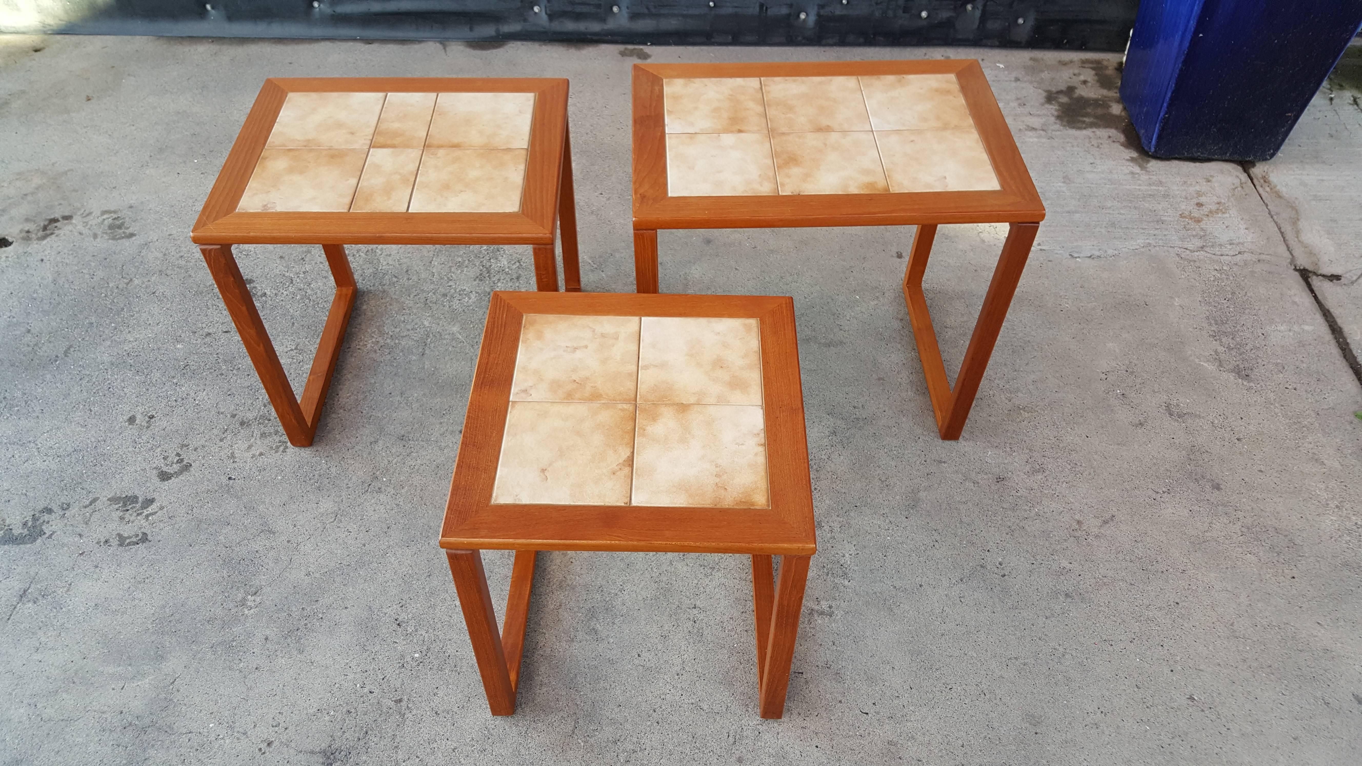 Scandinavian Modern Danish Modern Teak and Tile Nesting Tables For Sale