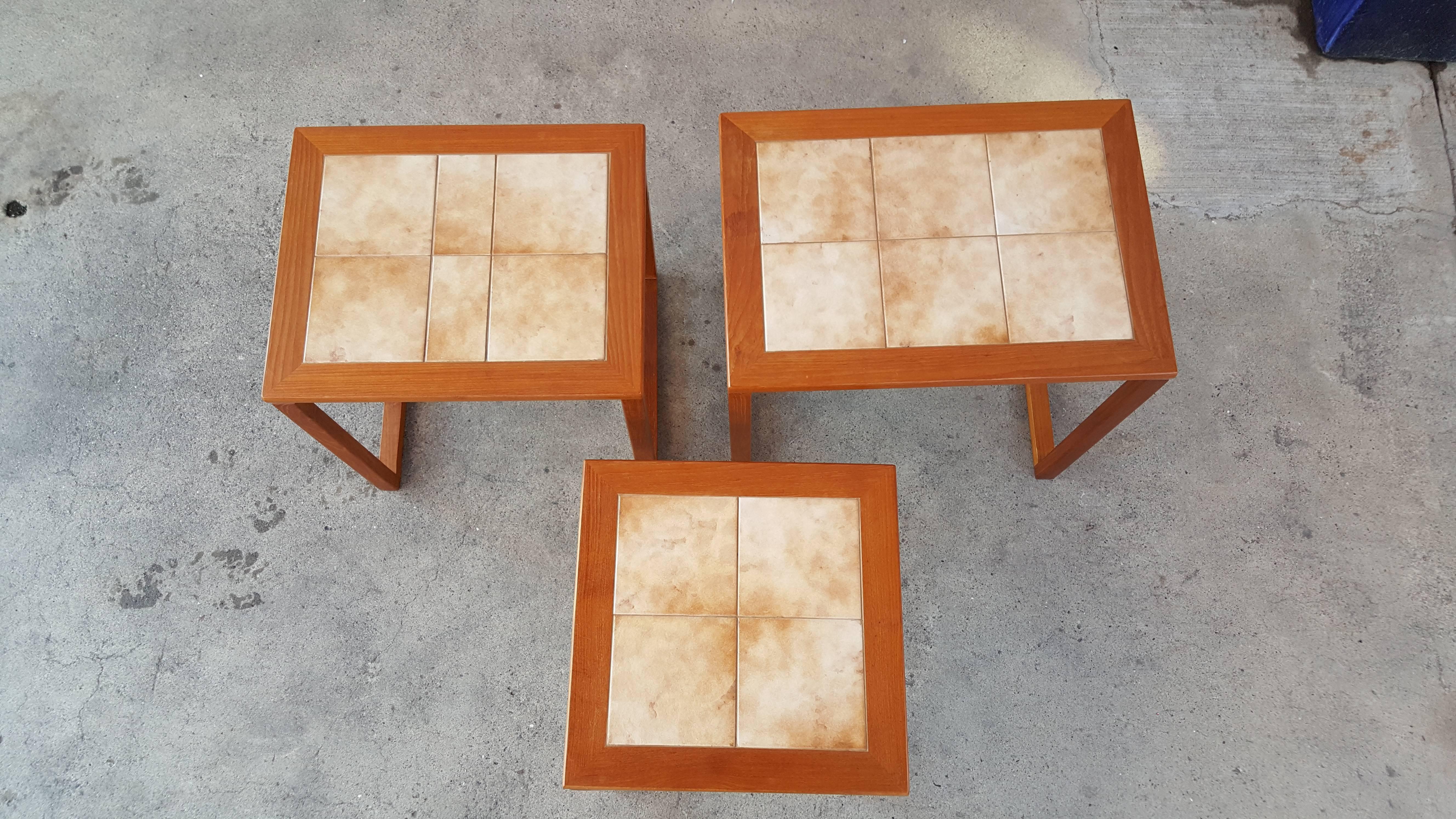 Late 20th Century Danish Modern Teak and Tile Nesting Tables For Sale