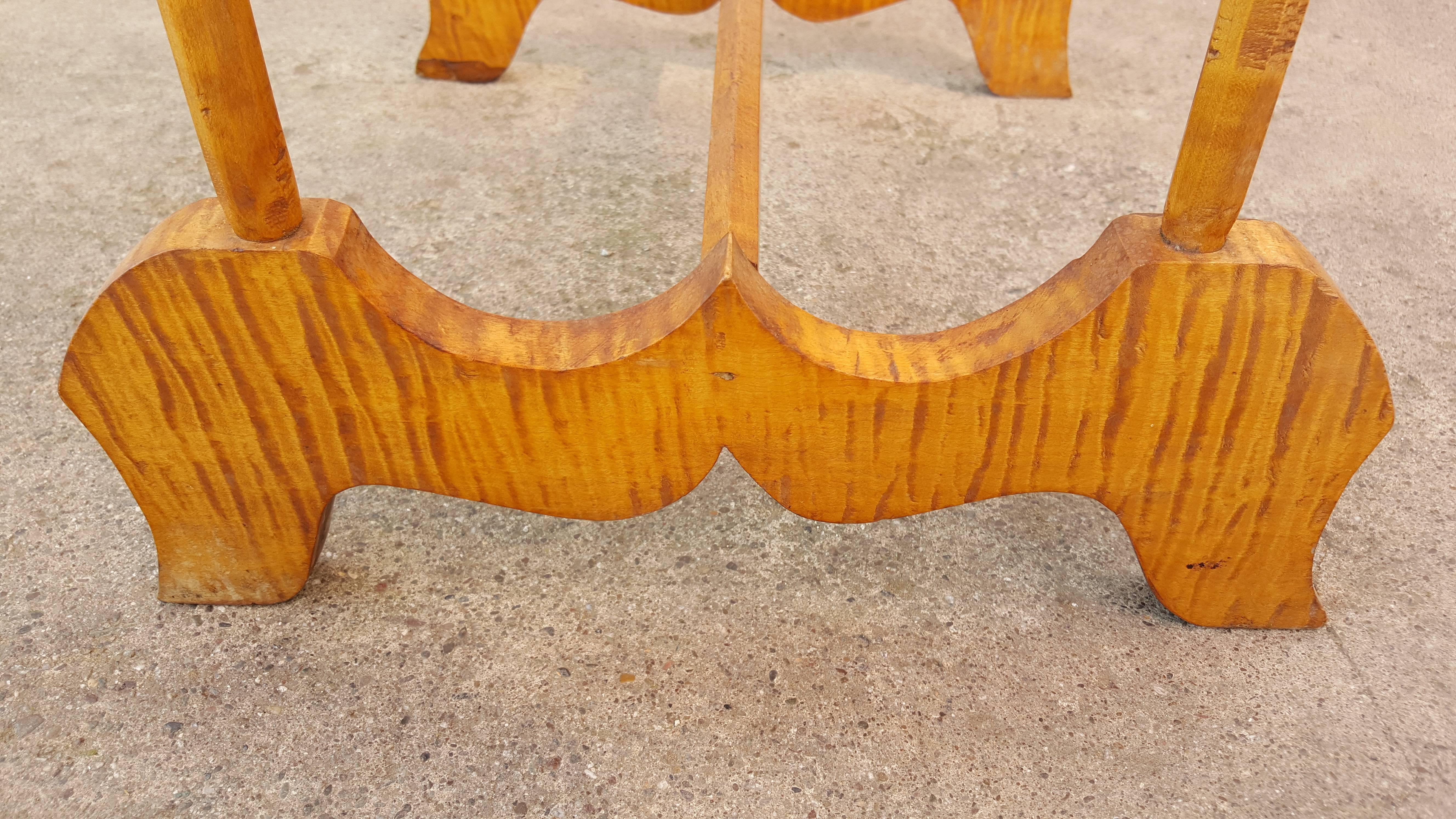 Unique, one-of-a-kind tall end table handcrafted in highly figured solid tiger maple, circa 1920.