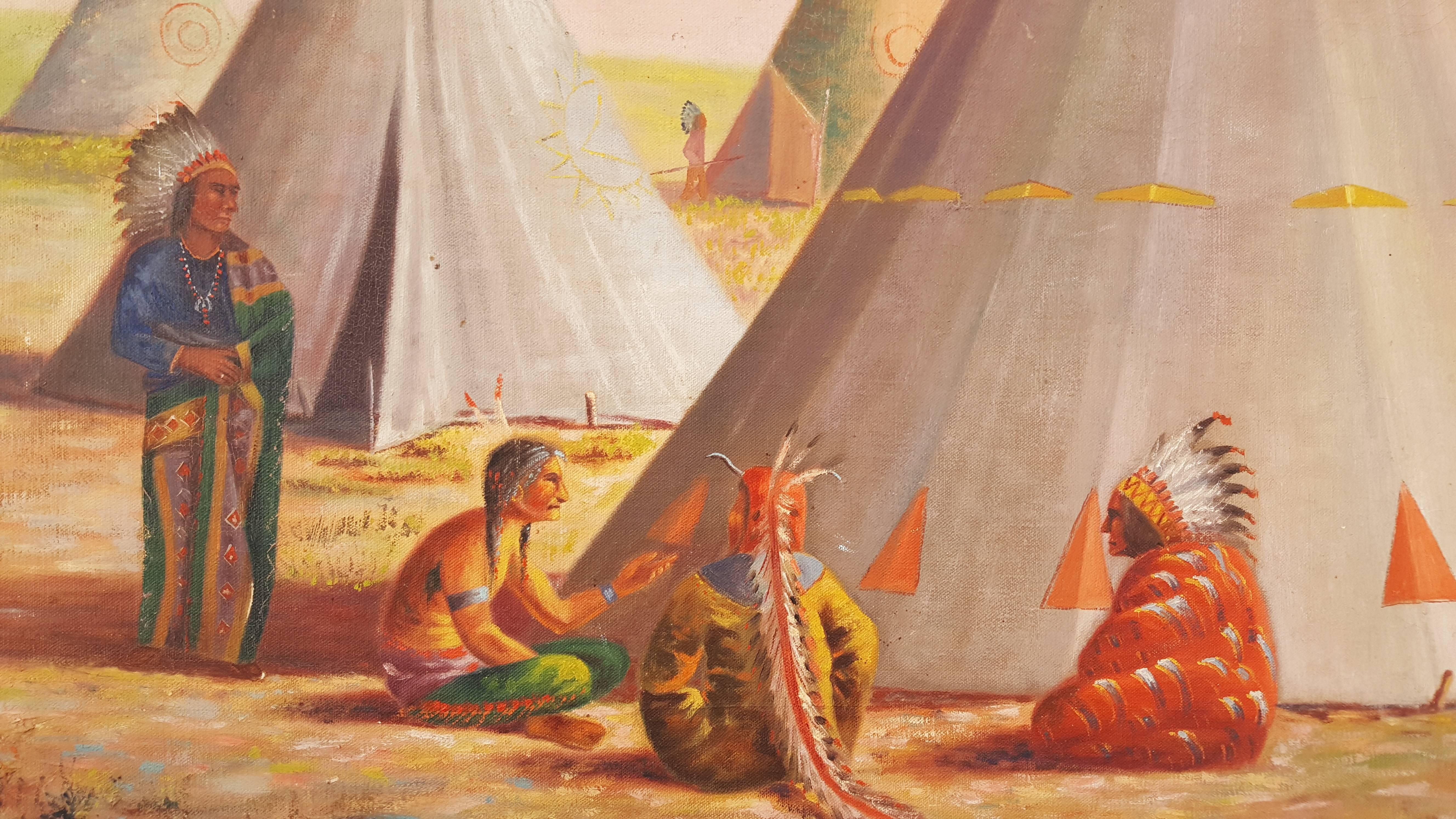 native american village painting