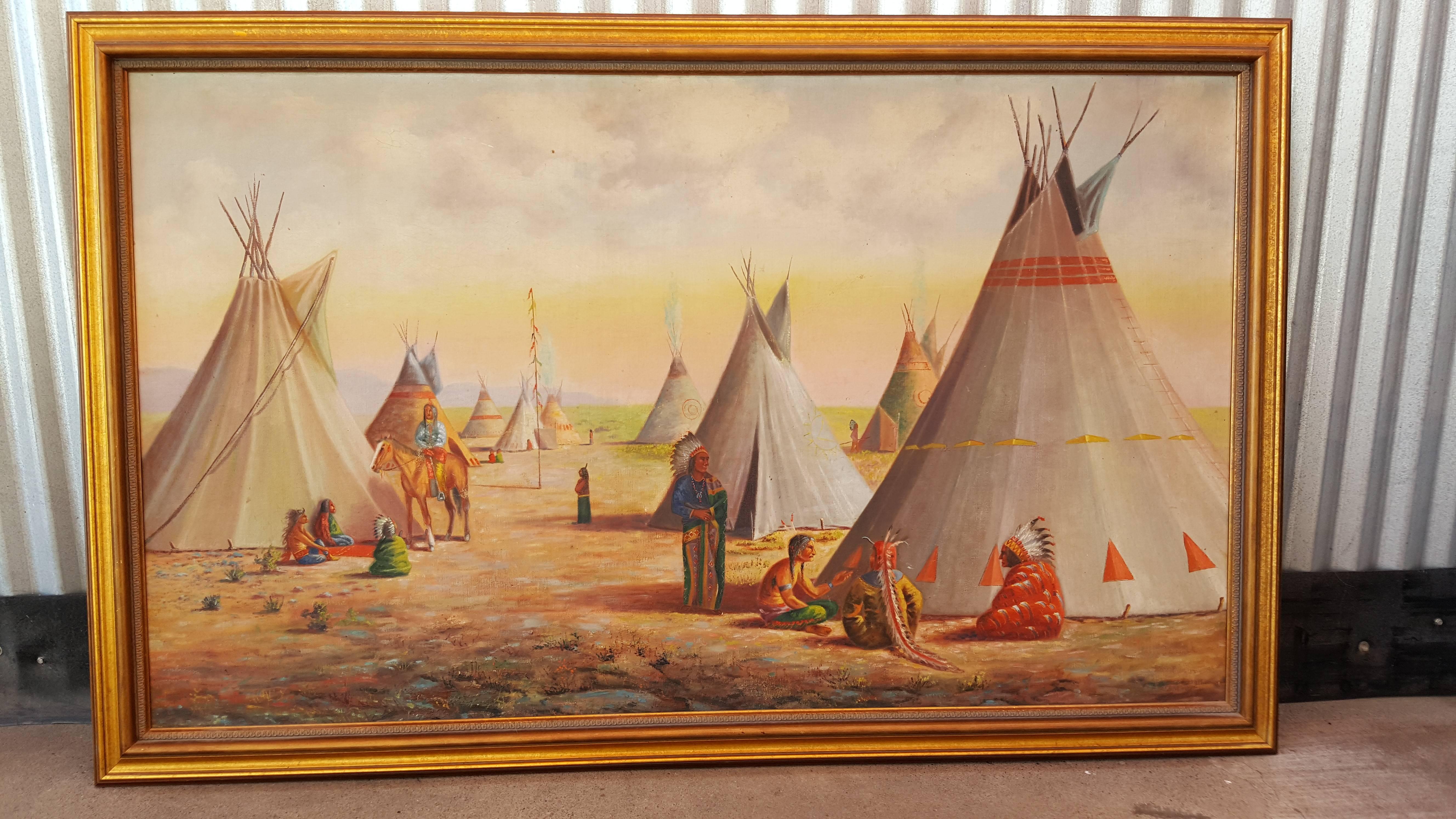 Large Oil Painting of Native American Indian Village In Good Condition For Sale In Fulton, CA