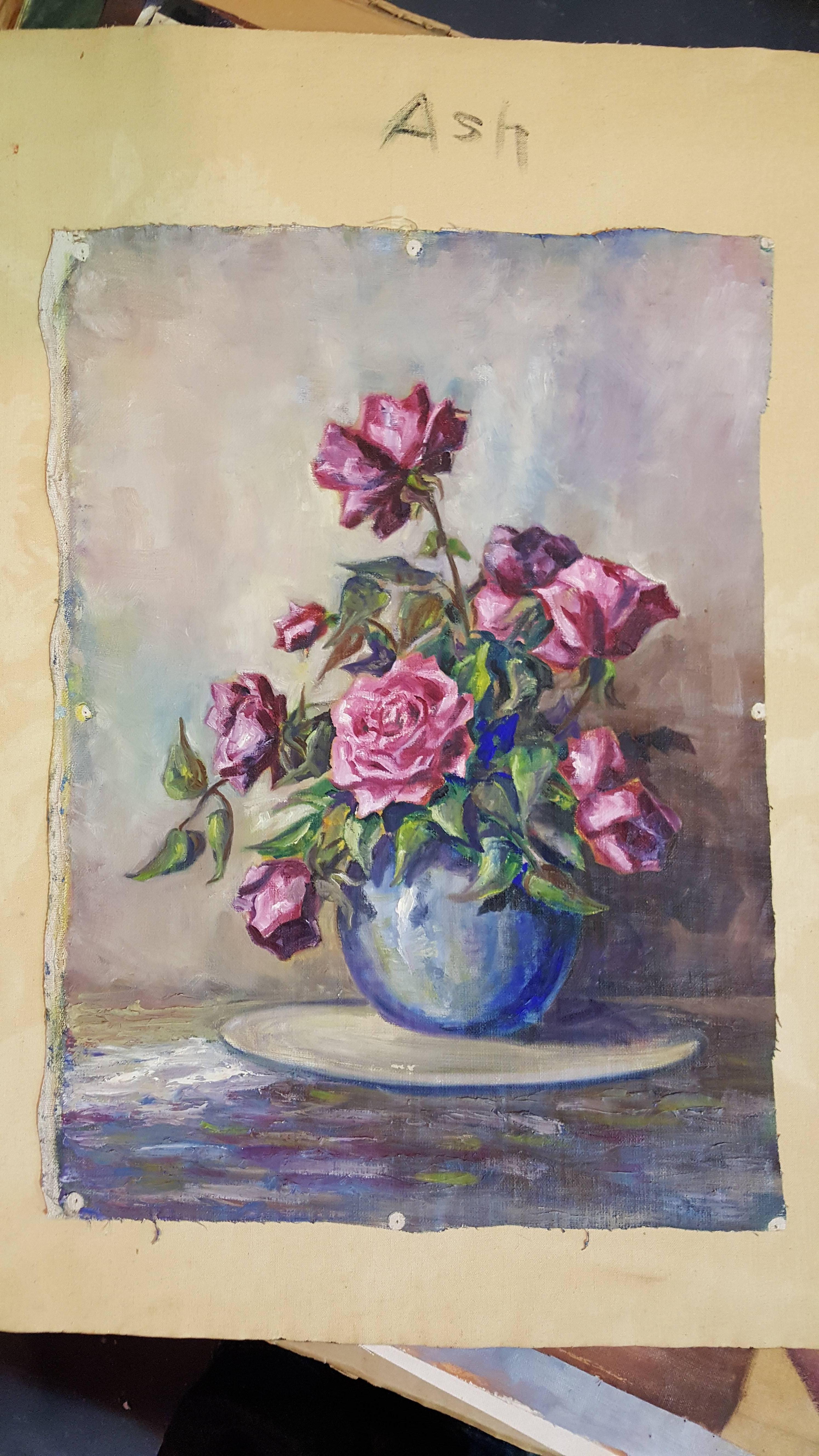 1950s oil on canvas still life painting of roses in a vase. Painted by San Francisco Bay Area artist, Beatrice Ash. Born in California on July 13, 1900. Beatrice married Elbert Ash and settled in Alameda, CA in 1940. She died there on May 23, 1968.