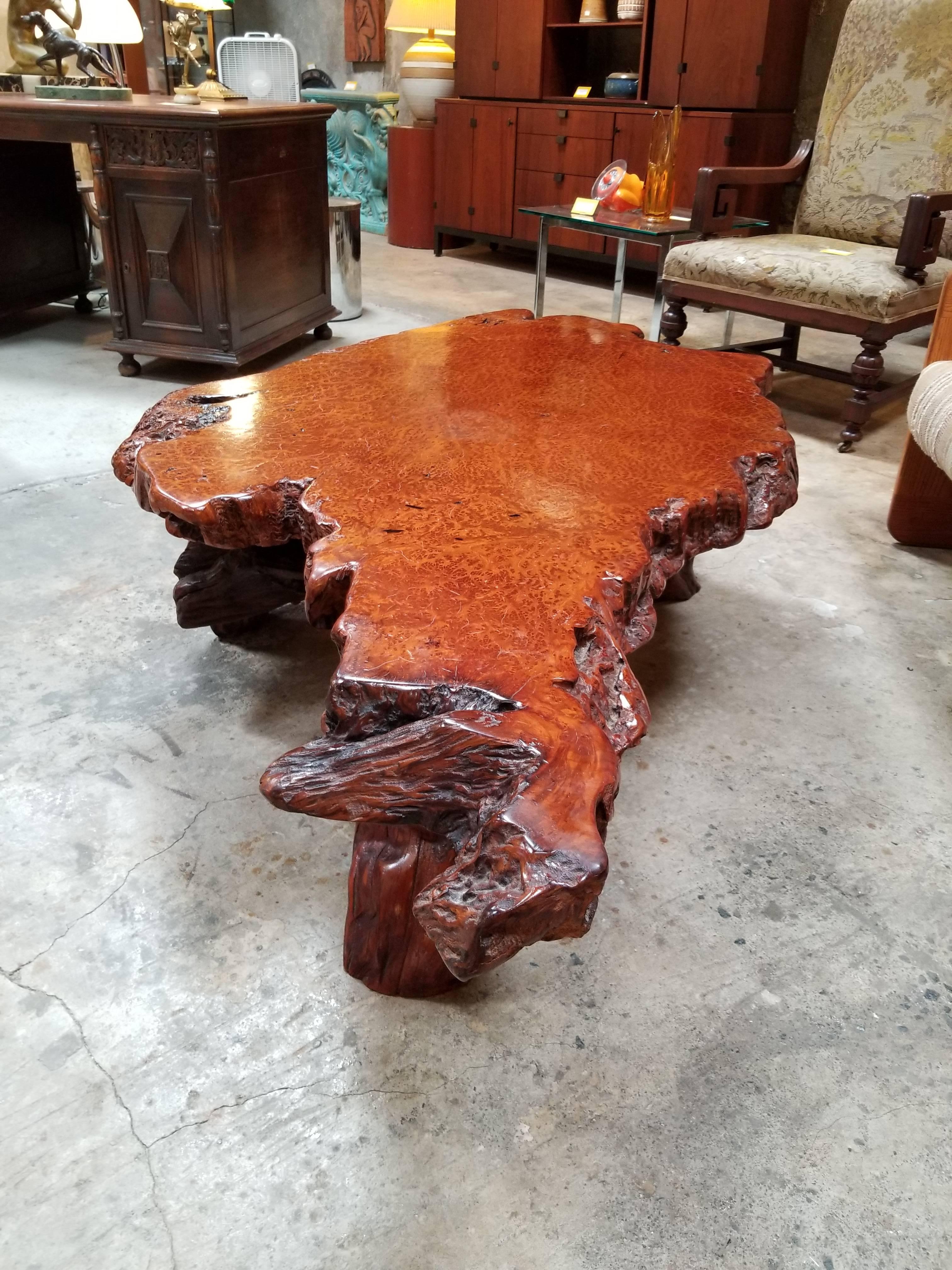 Highly Figured Redwood Burl Coffee Table In Excellent Condition In Fulton, CA