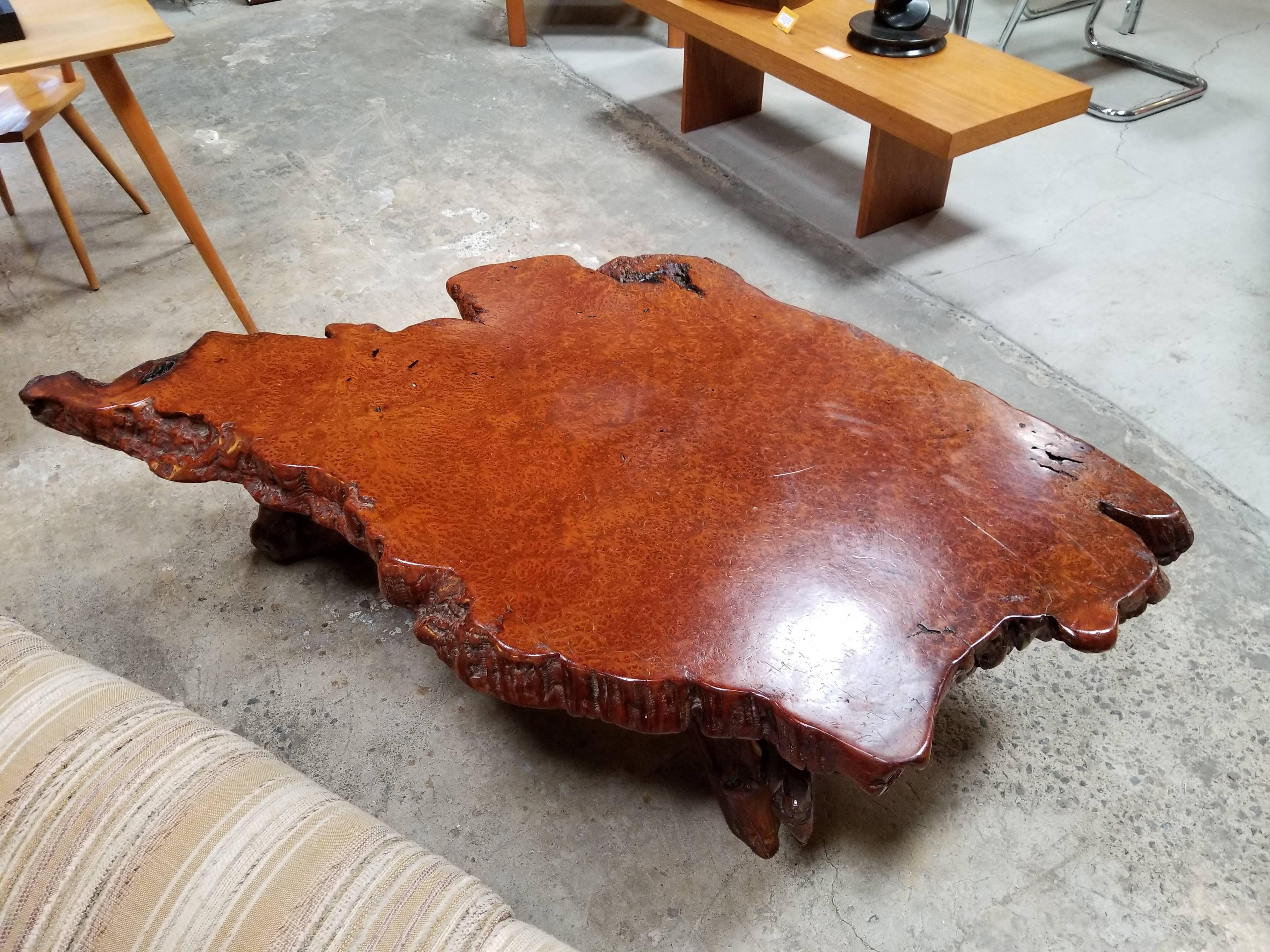 20th Century Highly Figured Redwood Burl Coffee Table