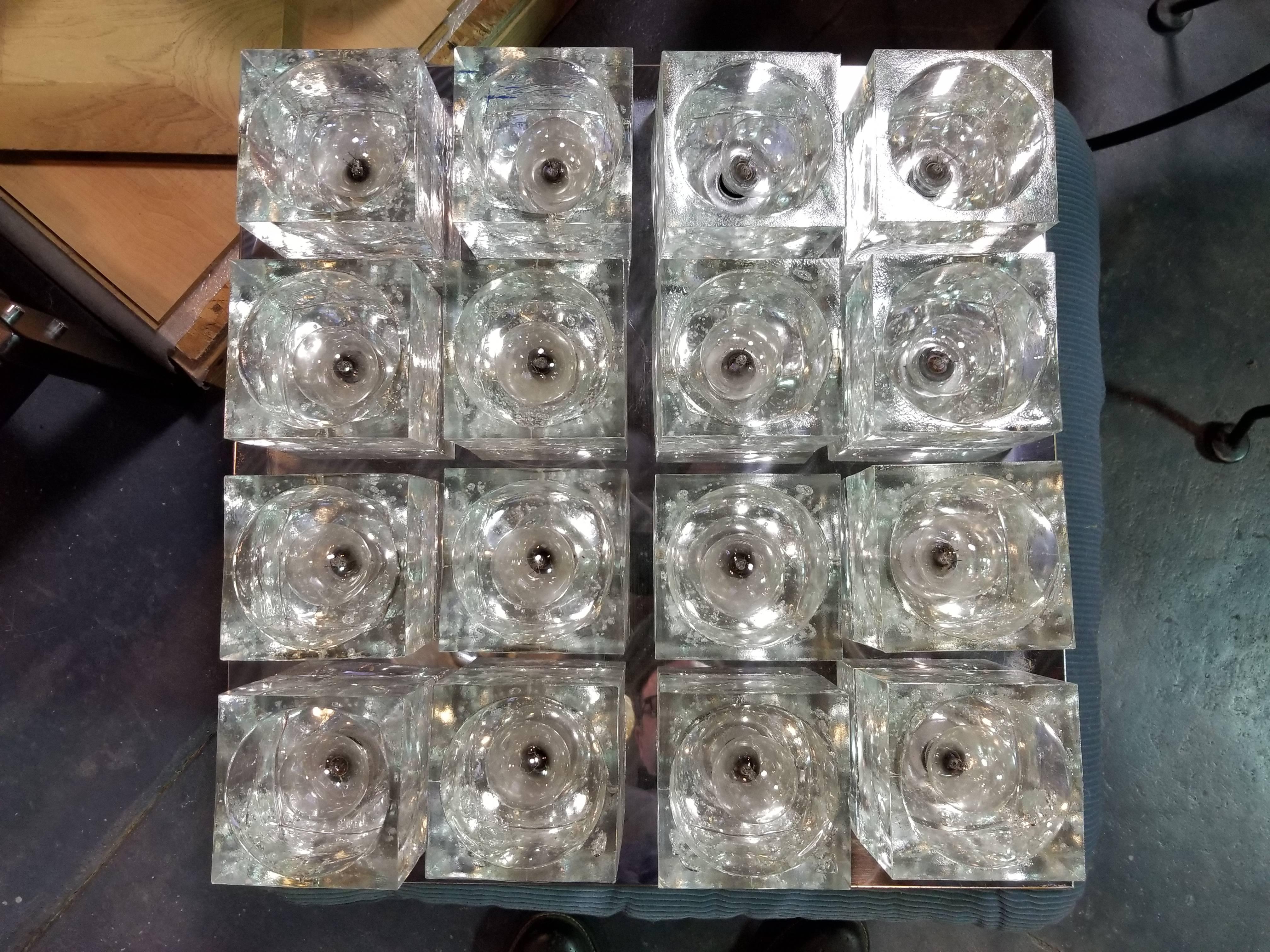 A sixteen-light glass cube and chrome flush mount lighting fixture by Gaetano Sciolari, circa 1960s.
