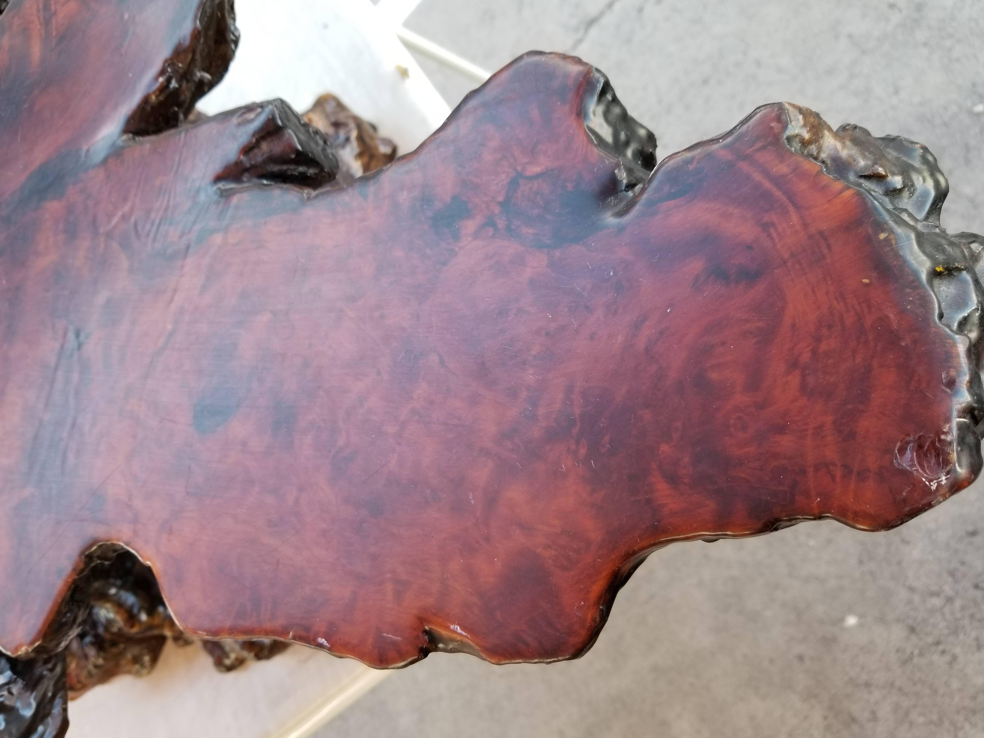 California Craft redwood burl coffee table with live edge top and burl root base, circa 1970s.