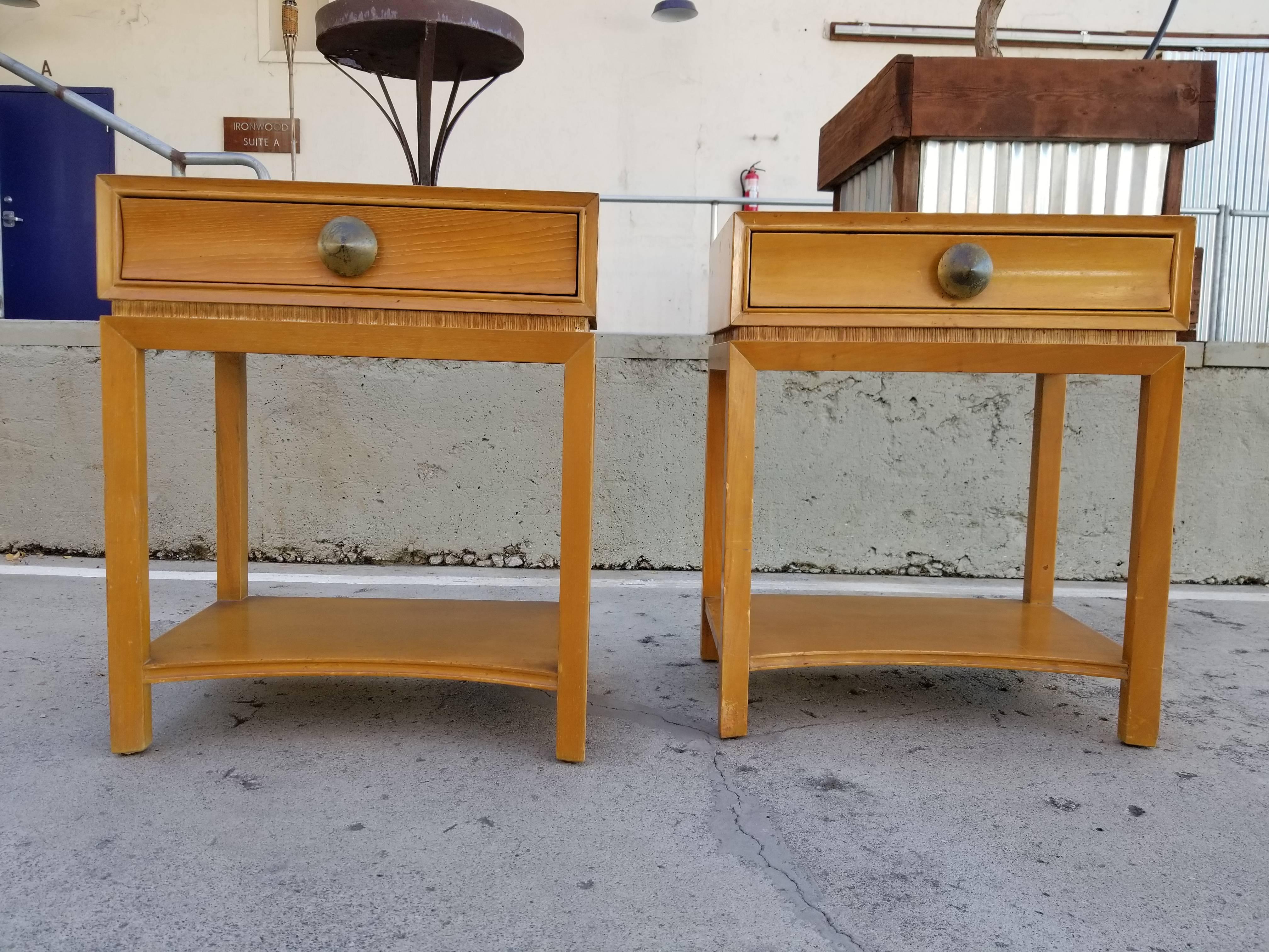 Pair of Paul Frankl end tables or night stands in original vintage condition with original hardware. Retaining Brown-Saltman label. Quality craftsmanship and materials with nice glow to golden mahogany finish and combed fir detail. Age appropriate