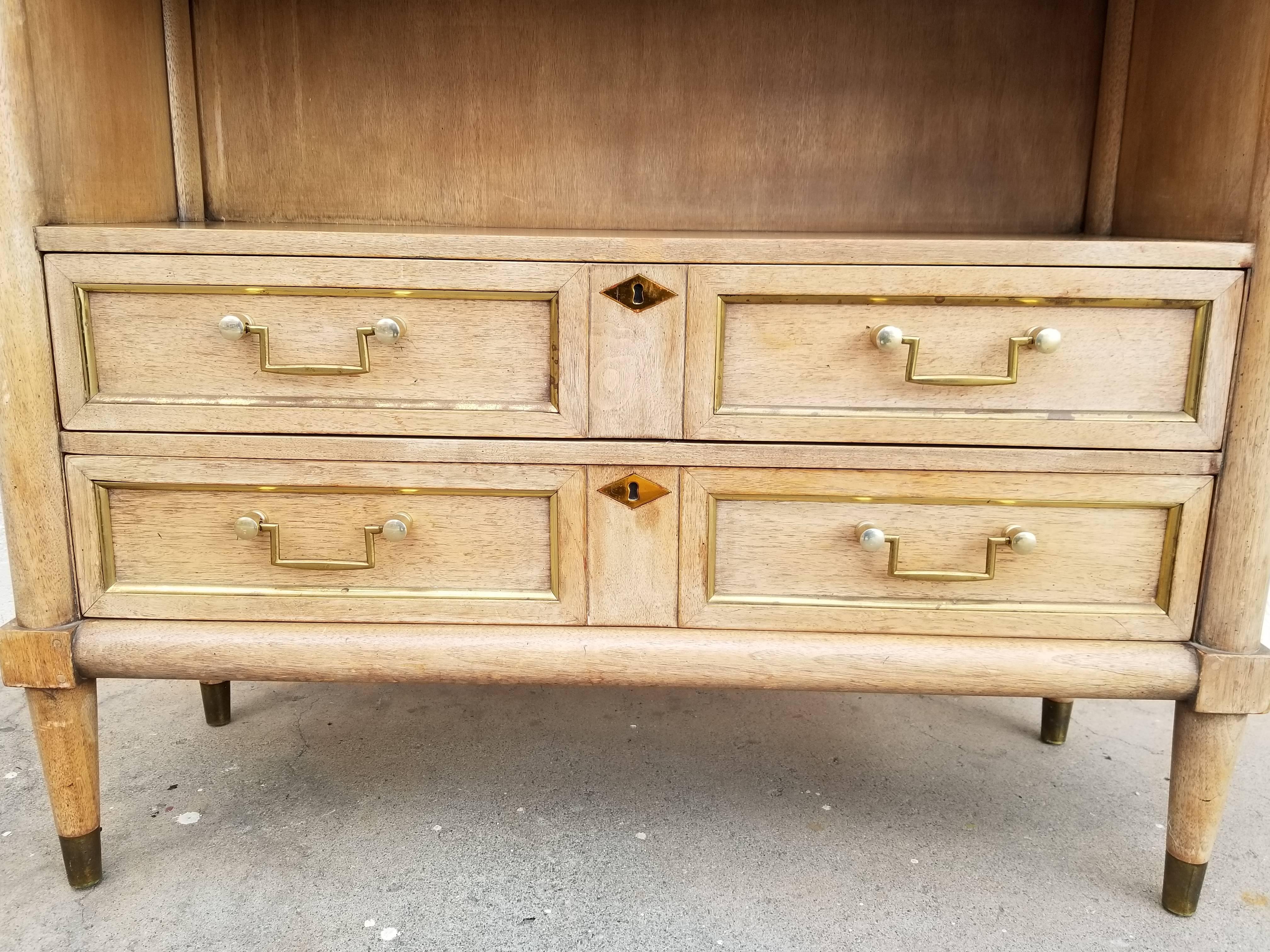 Quality craftsmanship throughout this unique marble-top console table. Carrara marble top, open shelf and two drawers for storage. Solid oak secondary woods with dovetail construction, circa 1950s. Unknown maker.