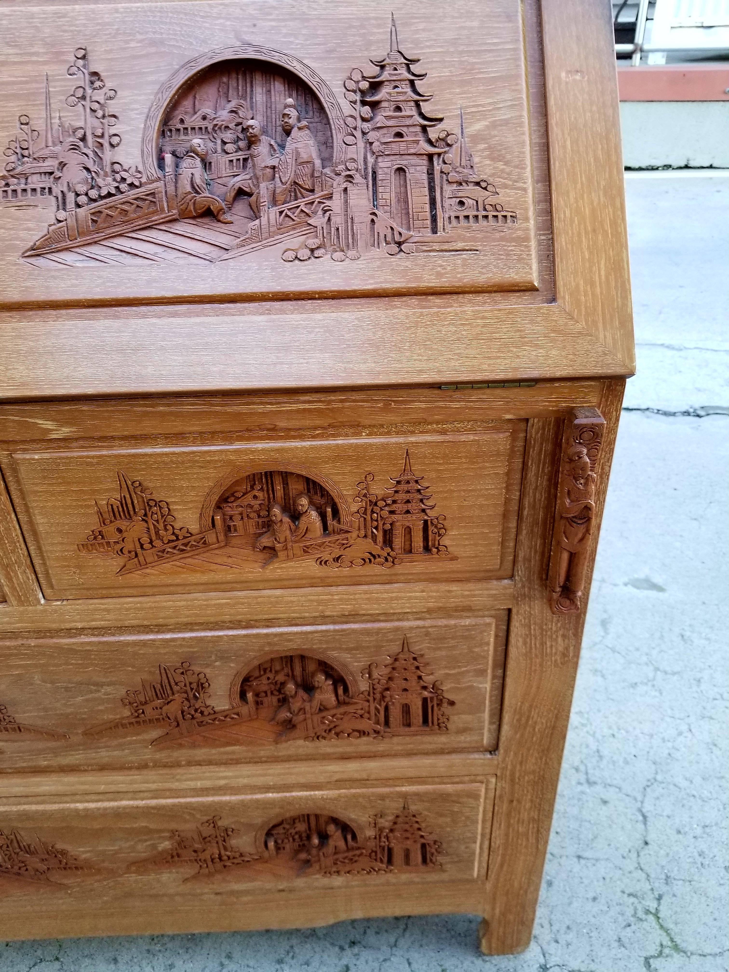 Hardwood Hand Carved Chinese Drop-Front Desk by George Zee For Sale