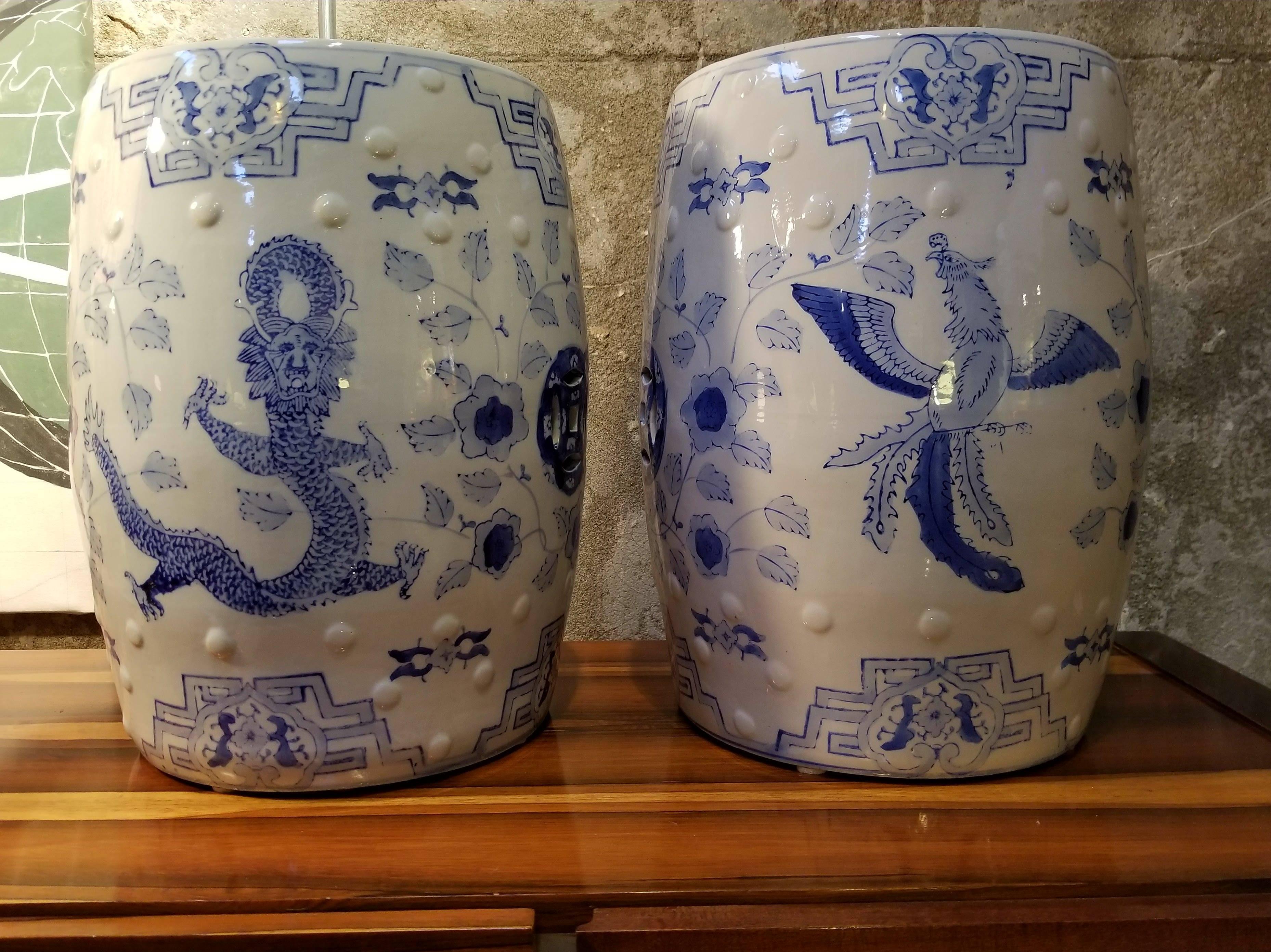 Chinese Blue and White Garden Stools, Pair