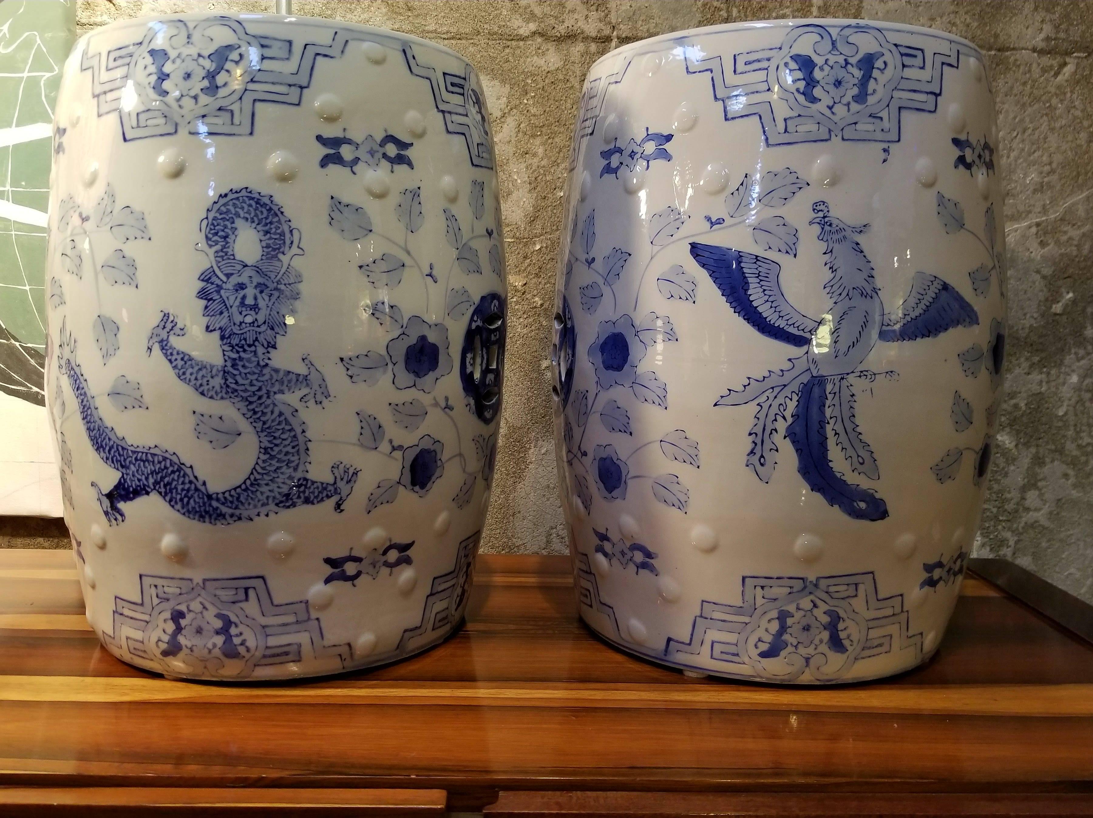 Blue and White Garden Stools, Pair 1