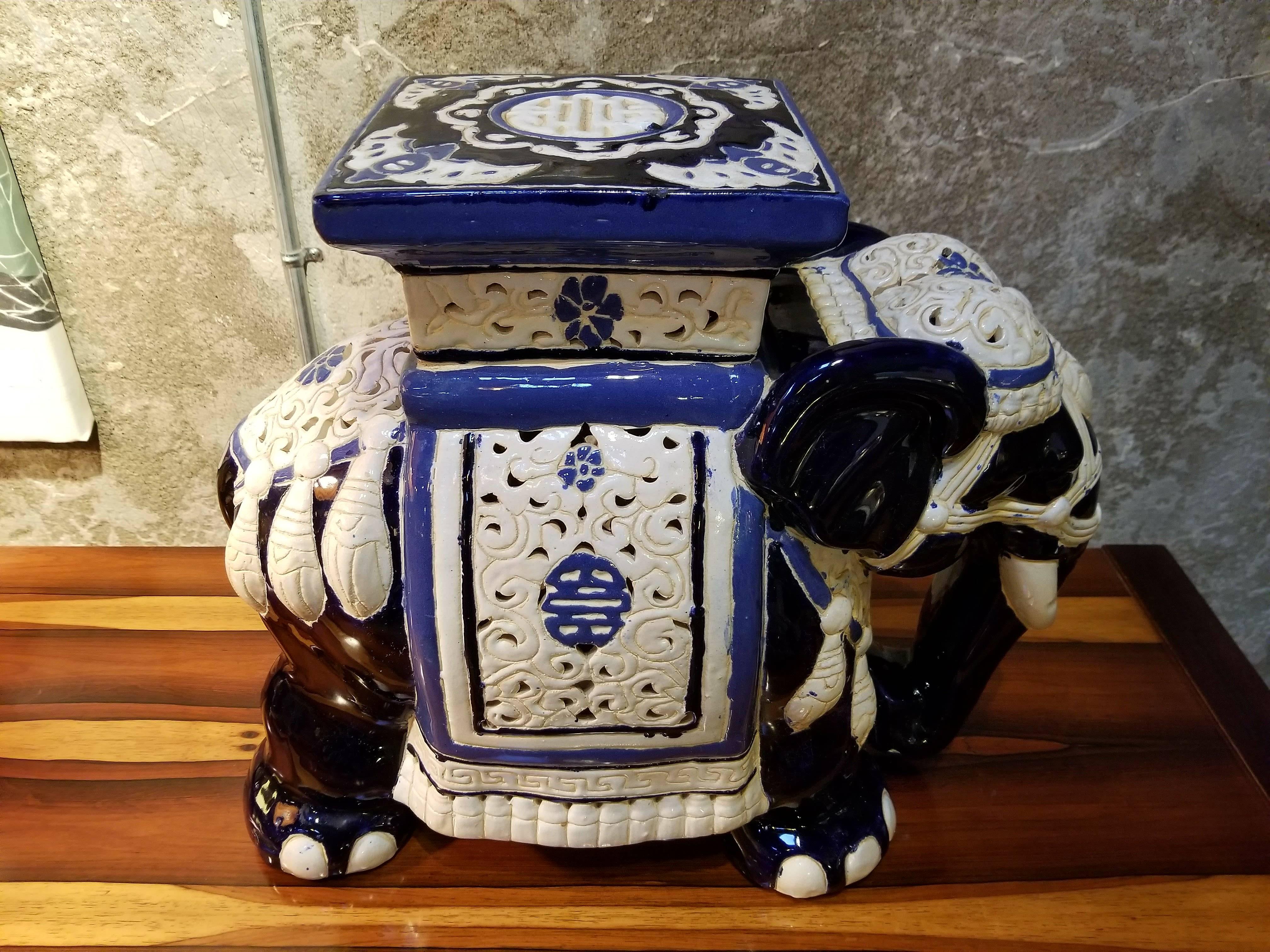 A vintage hand painted ceramic garden stool with cobalt blue, blue and off-white glaze. Excellent condition.