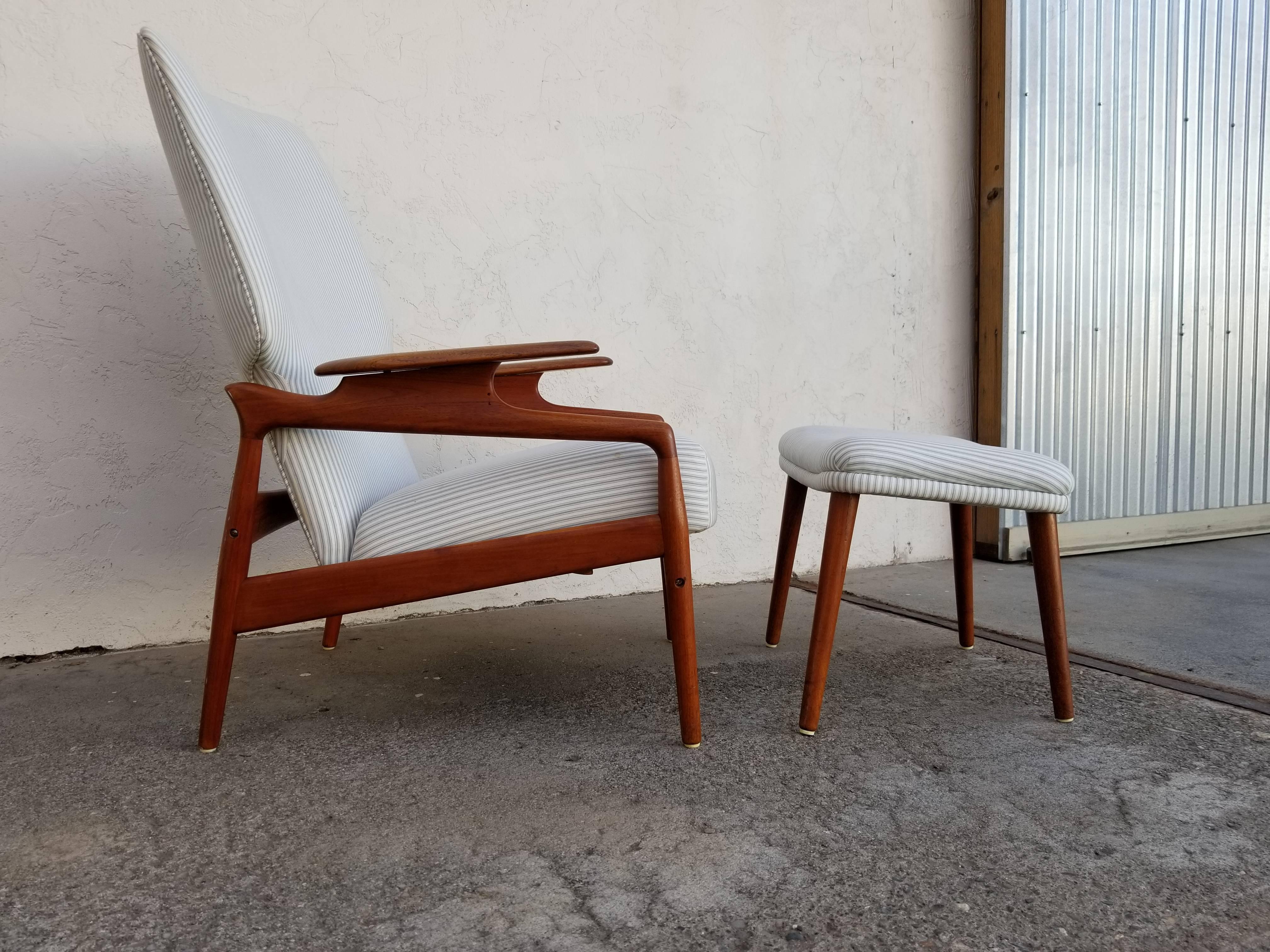 A Danish Modern teak lounge chair and ottoman in the manner of Finn Juhl. Adjustable or reclining seat option with two positions. Comfort with beautiful sculptural design. Nice glow and patina to finish. Made in Denmark. Replacing upholstery
