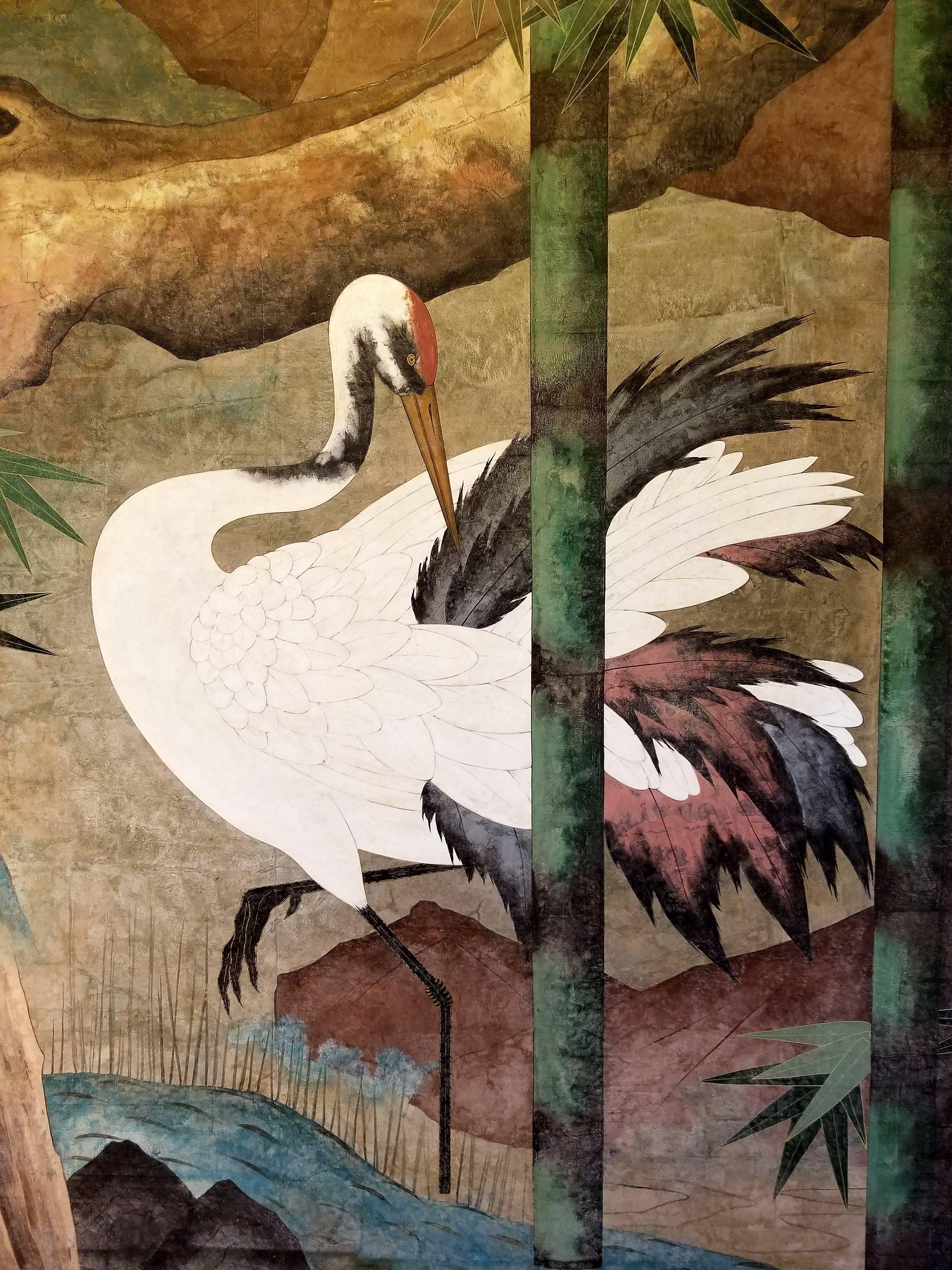 A large-scale painting on silver leaf by Charles Hollis Jones. American artist and furniture designer. Impressive size measuring 6 ft. by 6 ft. Beautiful, original work of art. Asian influence depicting a crane amid a stream and bamboo. Monogrammed