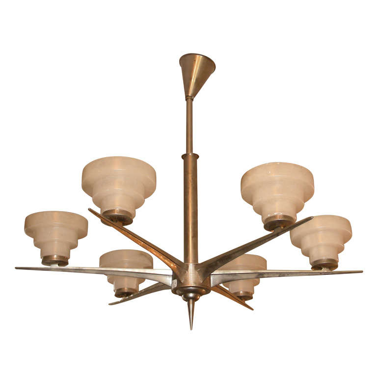 1950s Chandelier Silvered Brass and Albaster