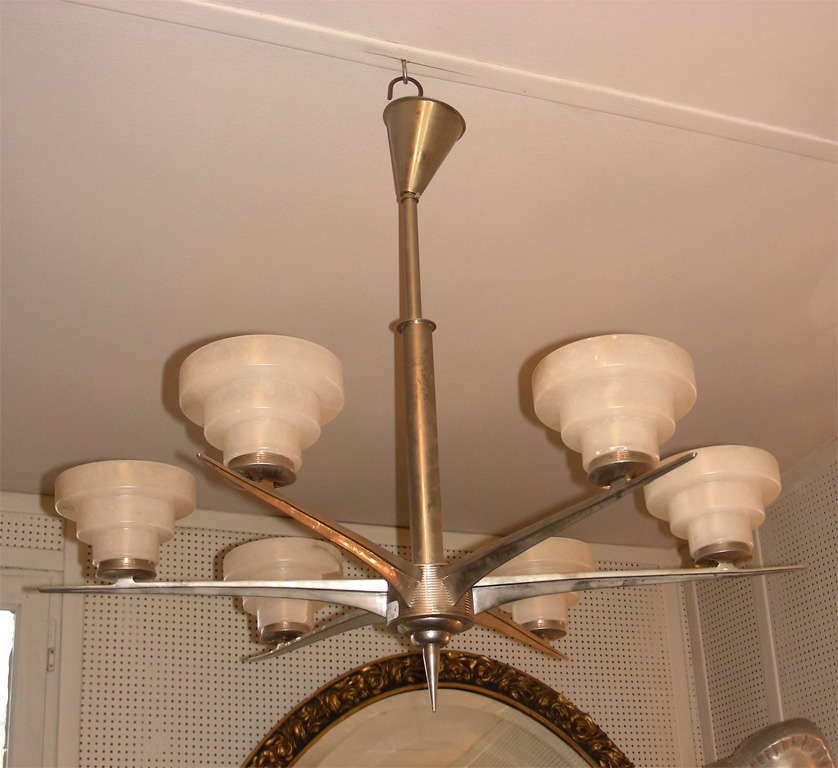 1950s chandelier in silver-tone bronze and alabaster shades.