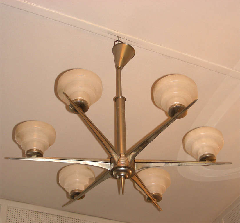 French 1950s Chandelier Silvered Brass and Albaster