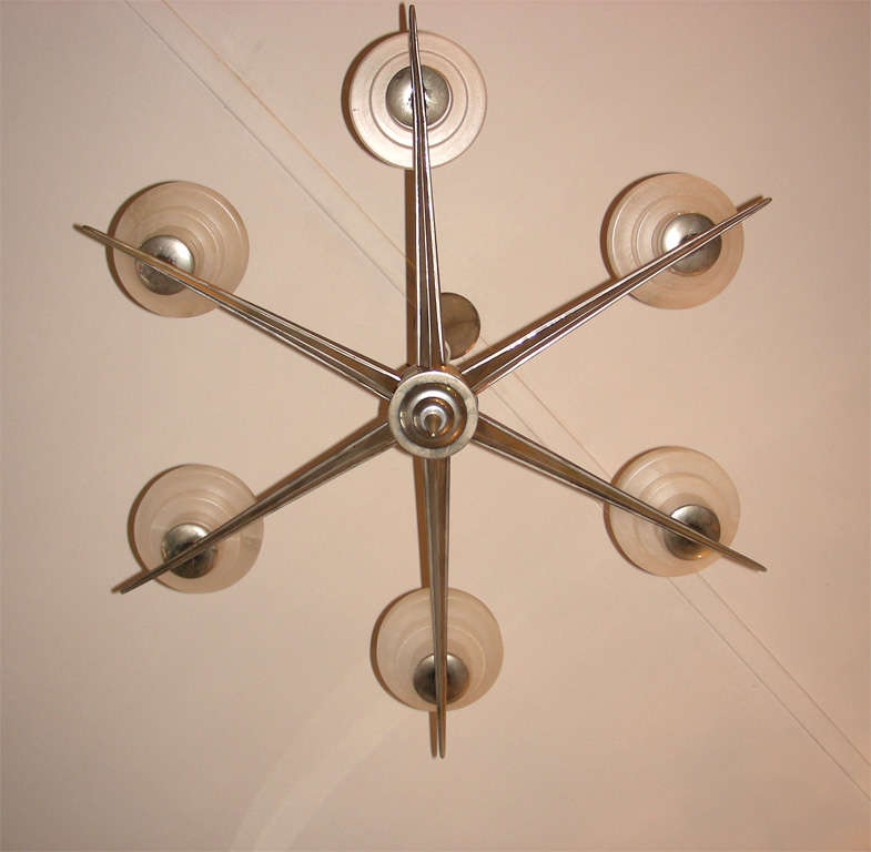 Bronze 1950s Chandelier Silvered Brass and Albaster